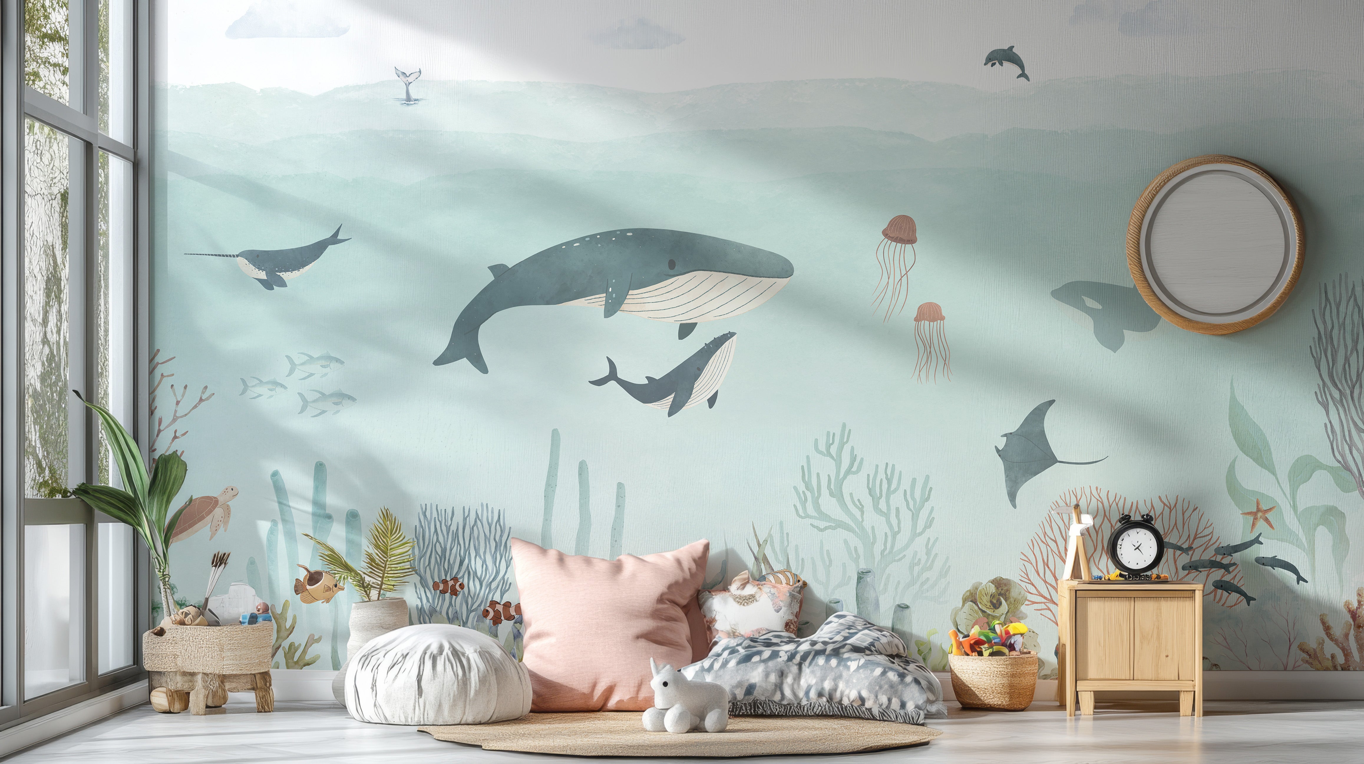 Blue sea-themed wallpaper for childrens walls