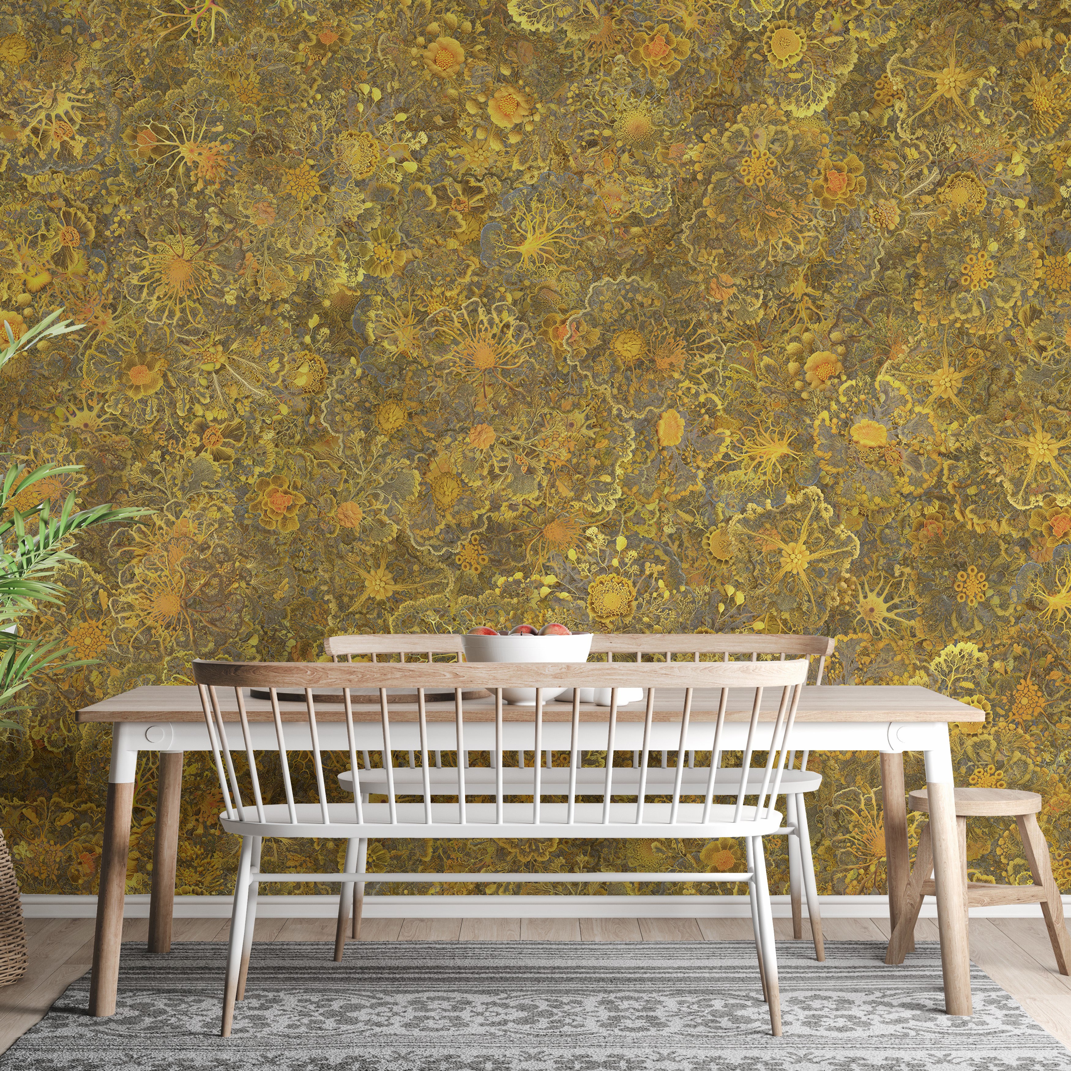 Botanical-themed yellow wallpaper murals
