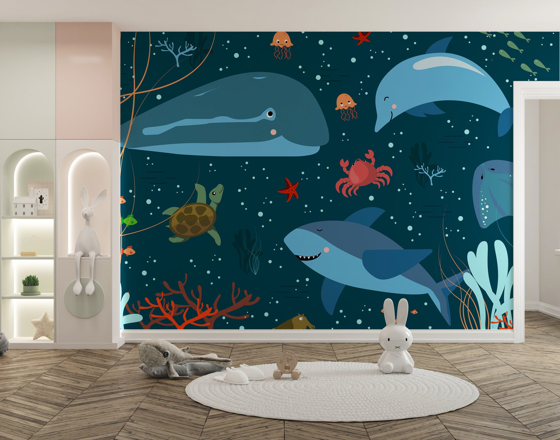 Blue Underwater Cartoon Whales Kids Room Wallpaper Murals - Giffywalls