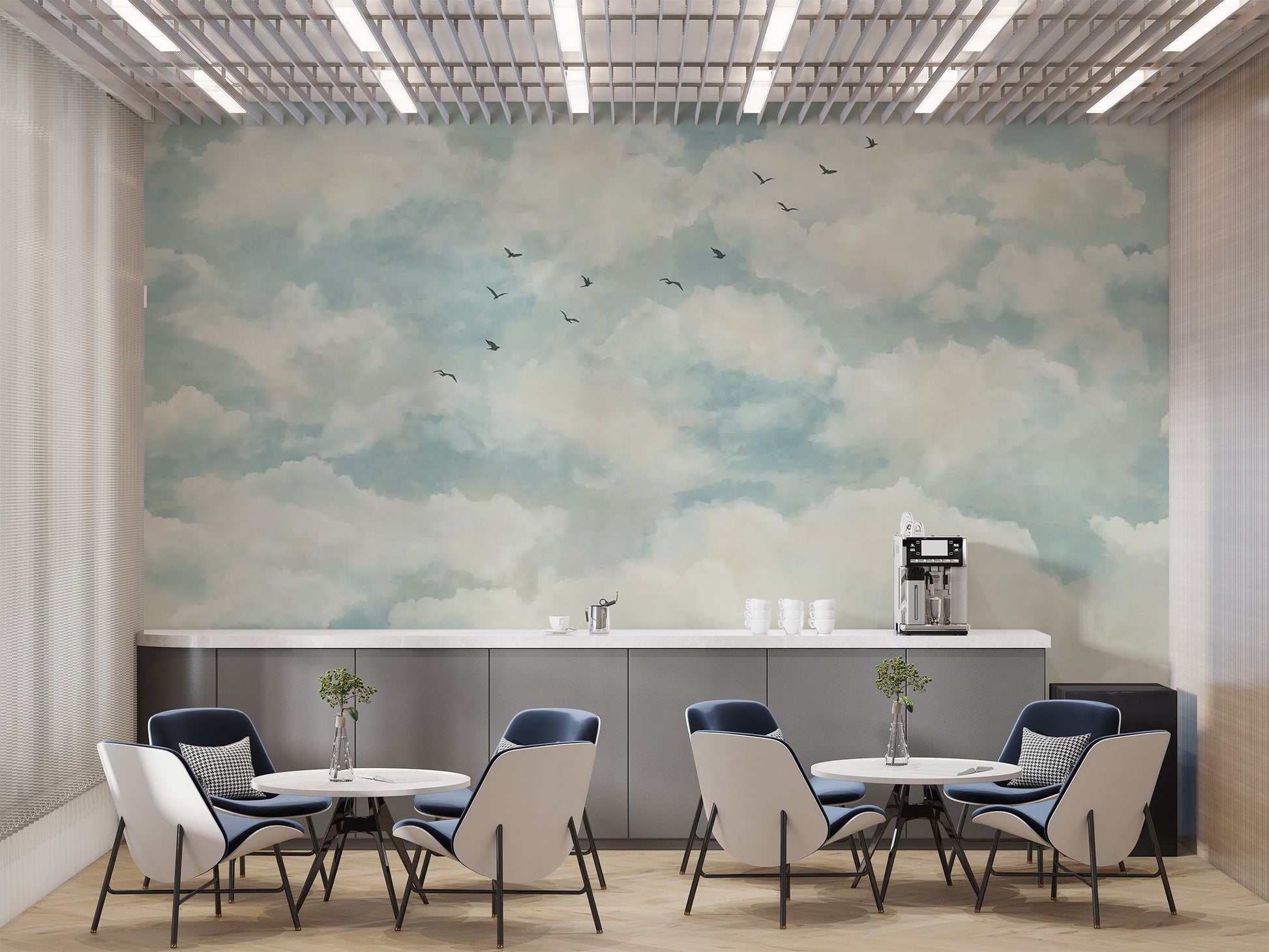 Serene clouds and birds mural
