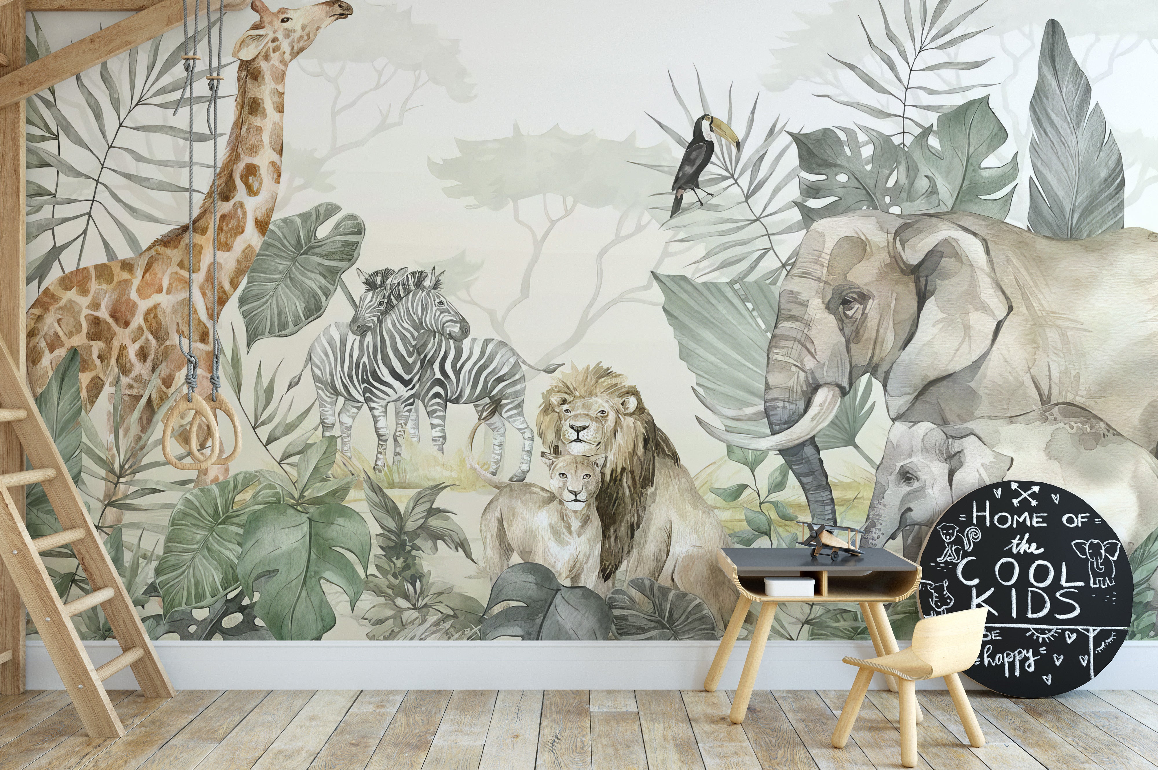 Safari adventure wall mural with rich jungle scenery.
