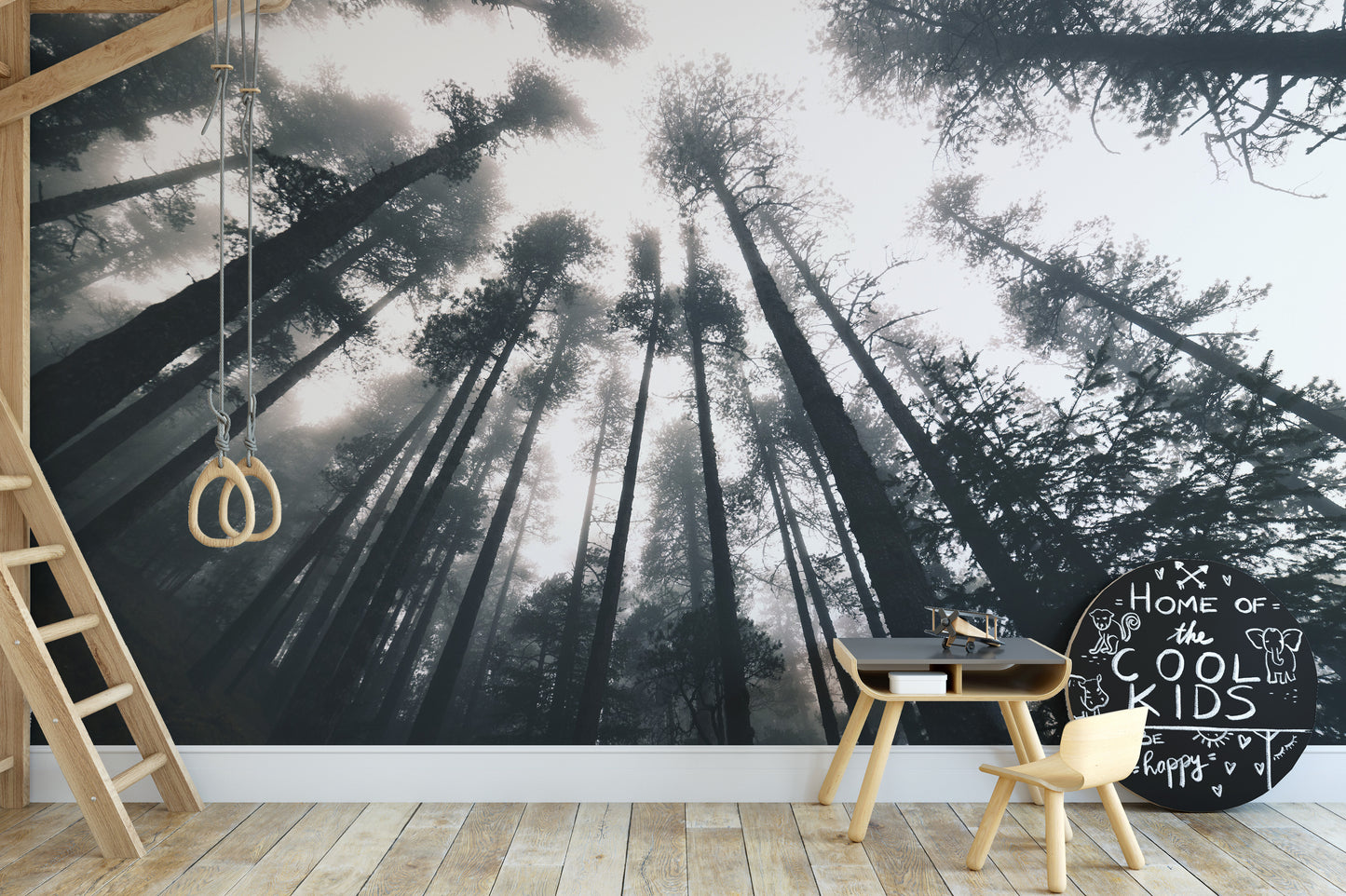 Spooky smokey treetop wallpaper mural for Halloween decor.
