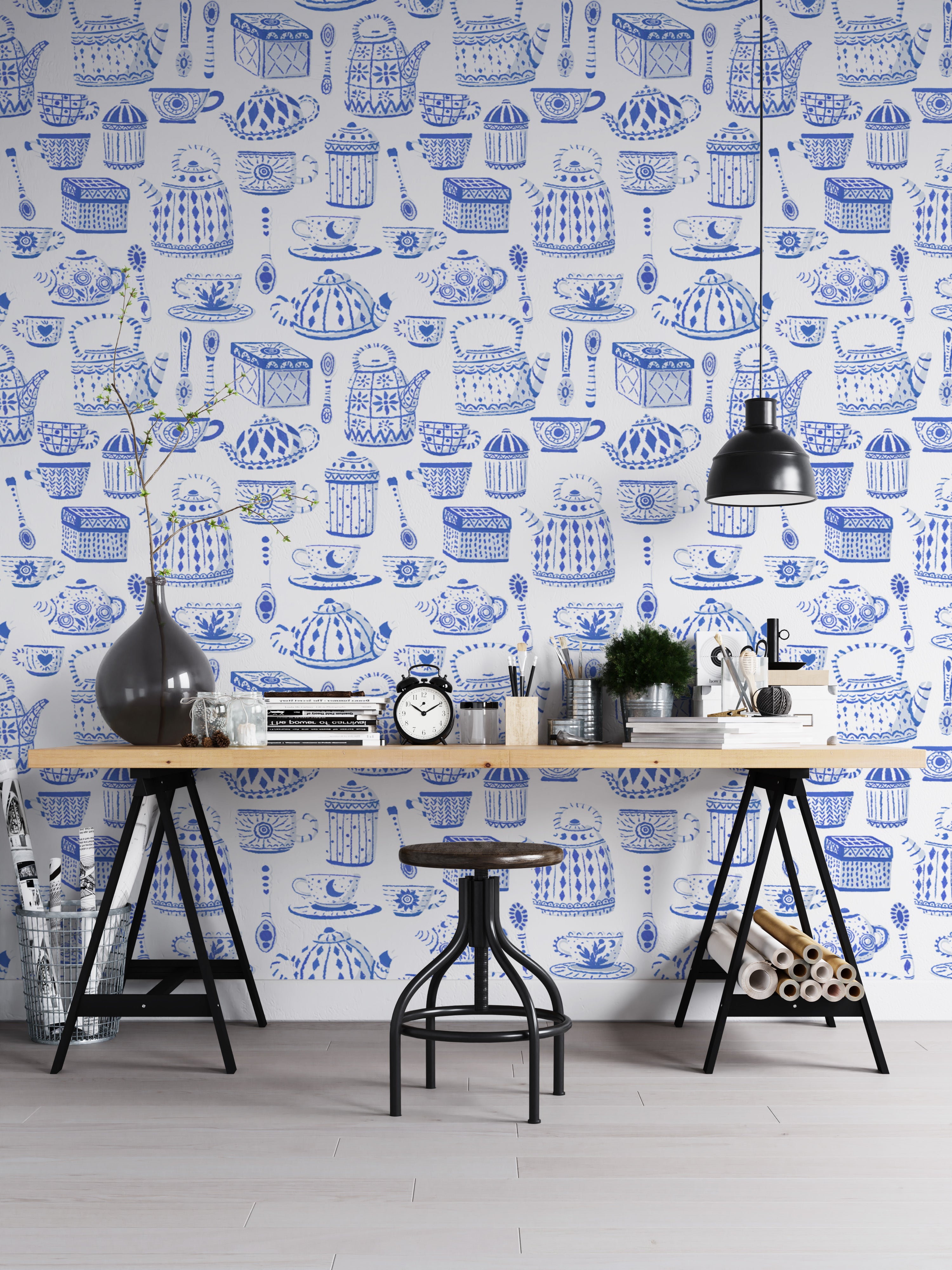 Classic blue tea set wallpaper perfect for vintage decor.
