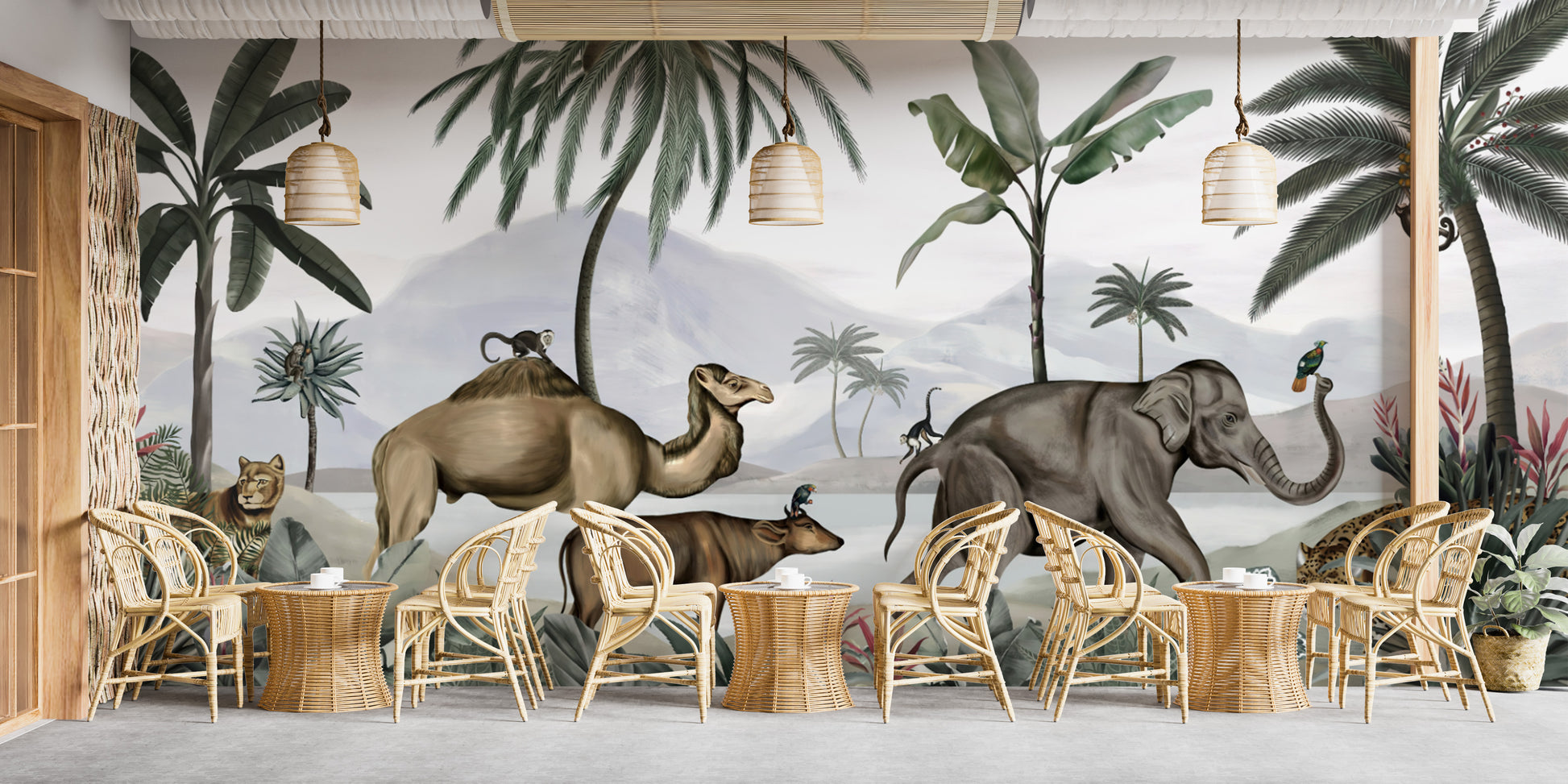 Beautiful jungle safari mural with camels and lions.
