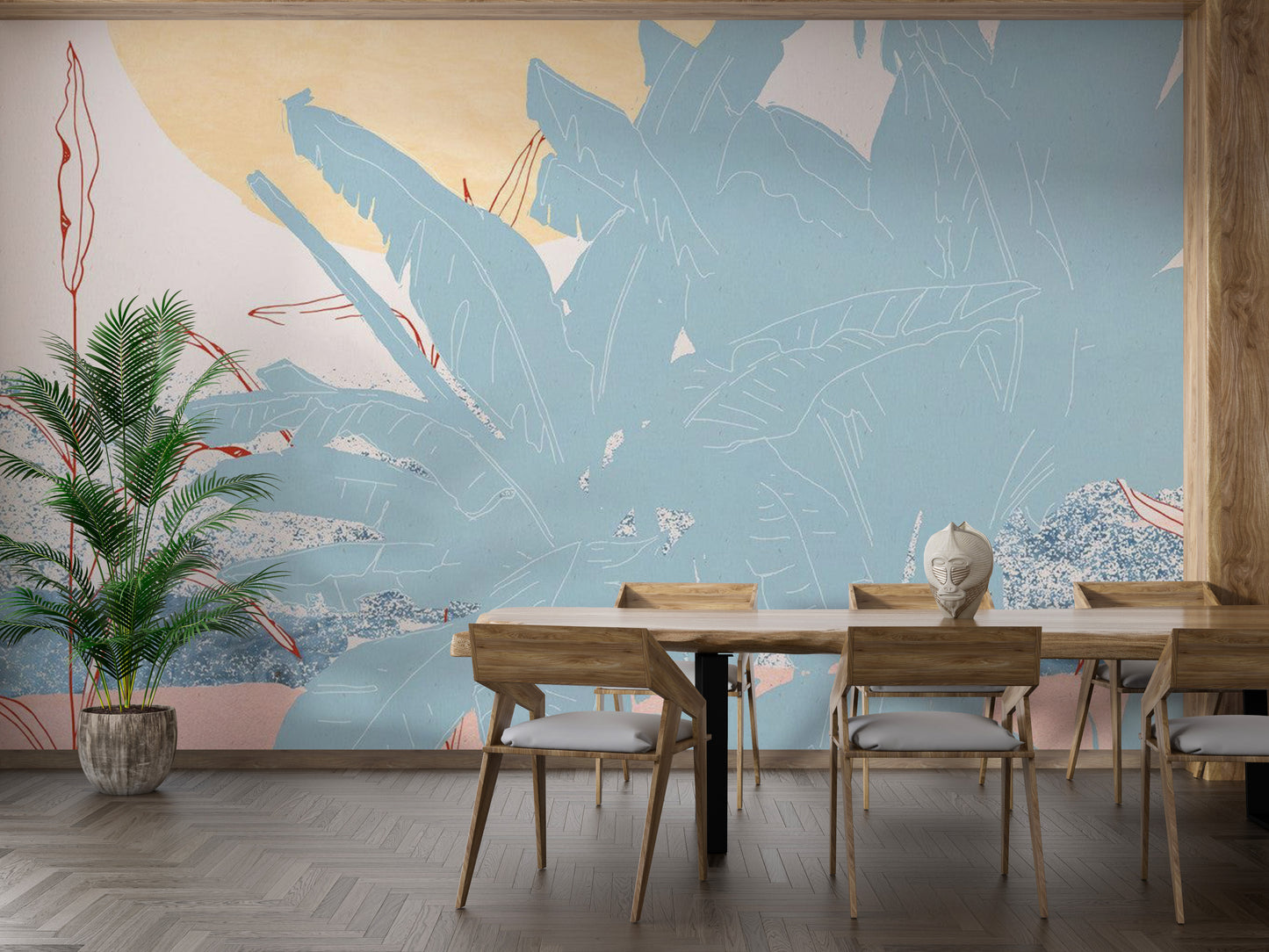 Light blue banana leaf wall mural art