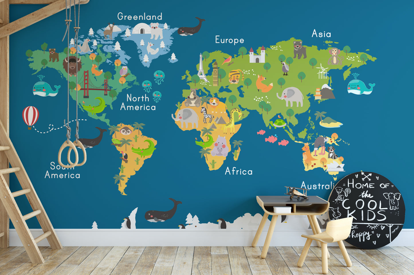 Kids World Map Blue Wallpaper Mural