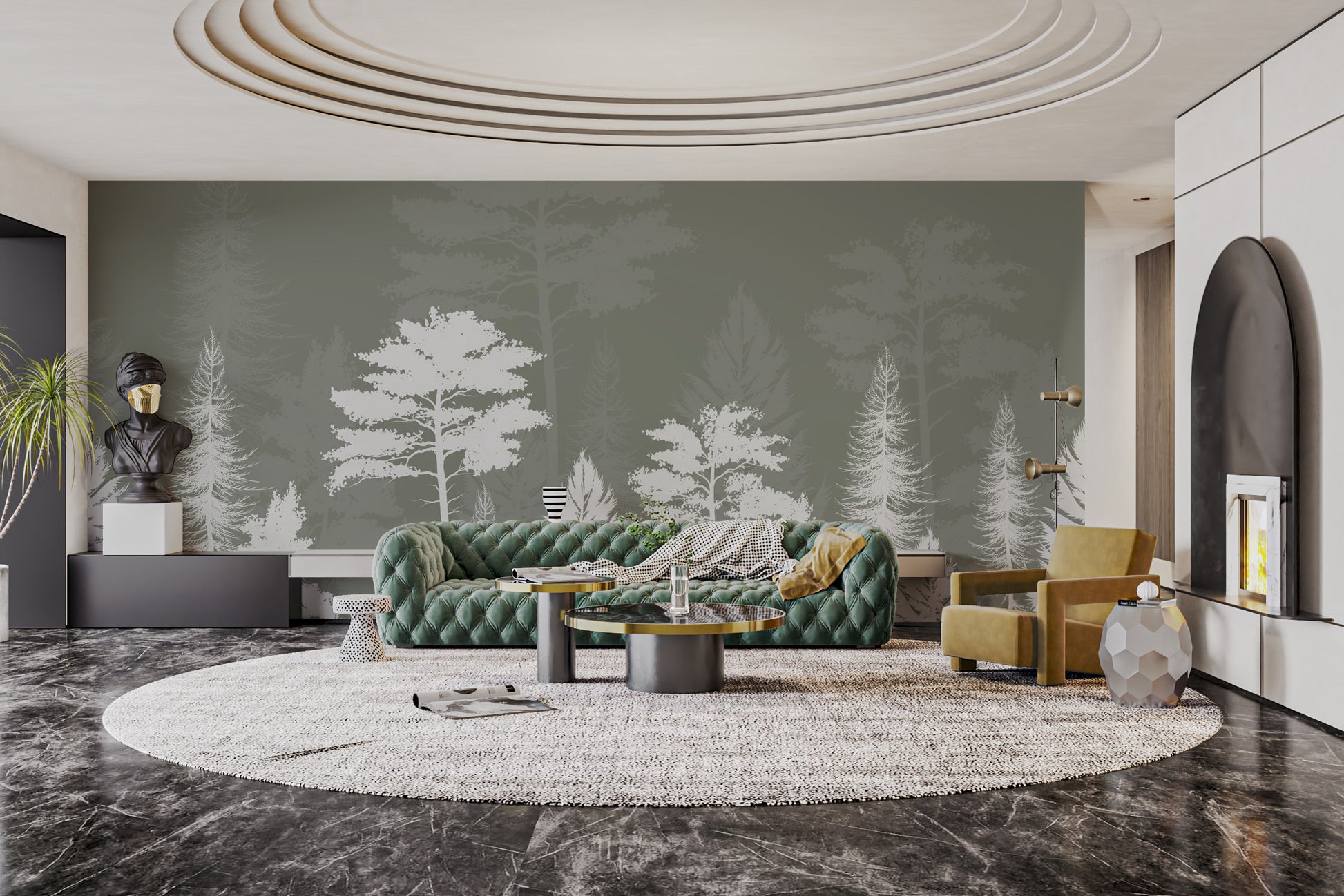 Shadow play wallpaper featuring a mystic woods mural design.
