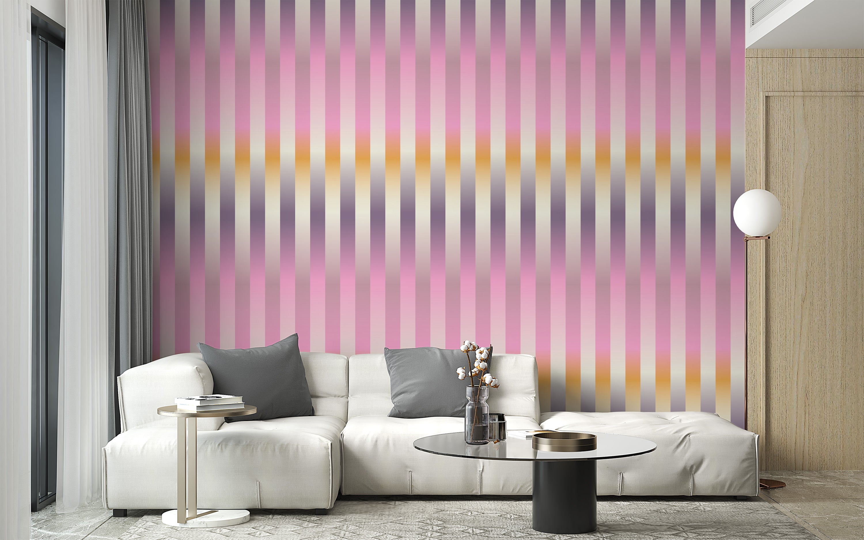 Subtle blurred lilac stripes mural for calming decor.