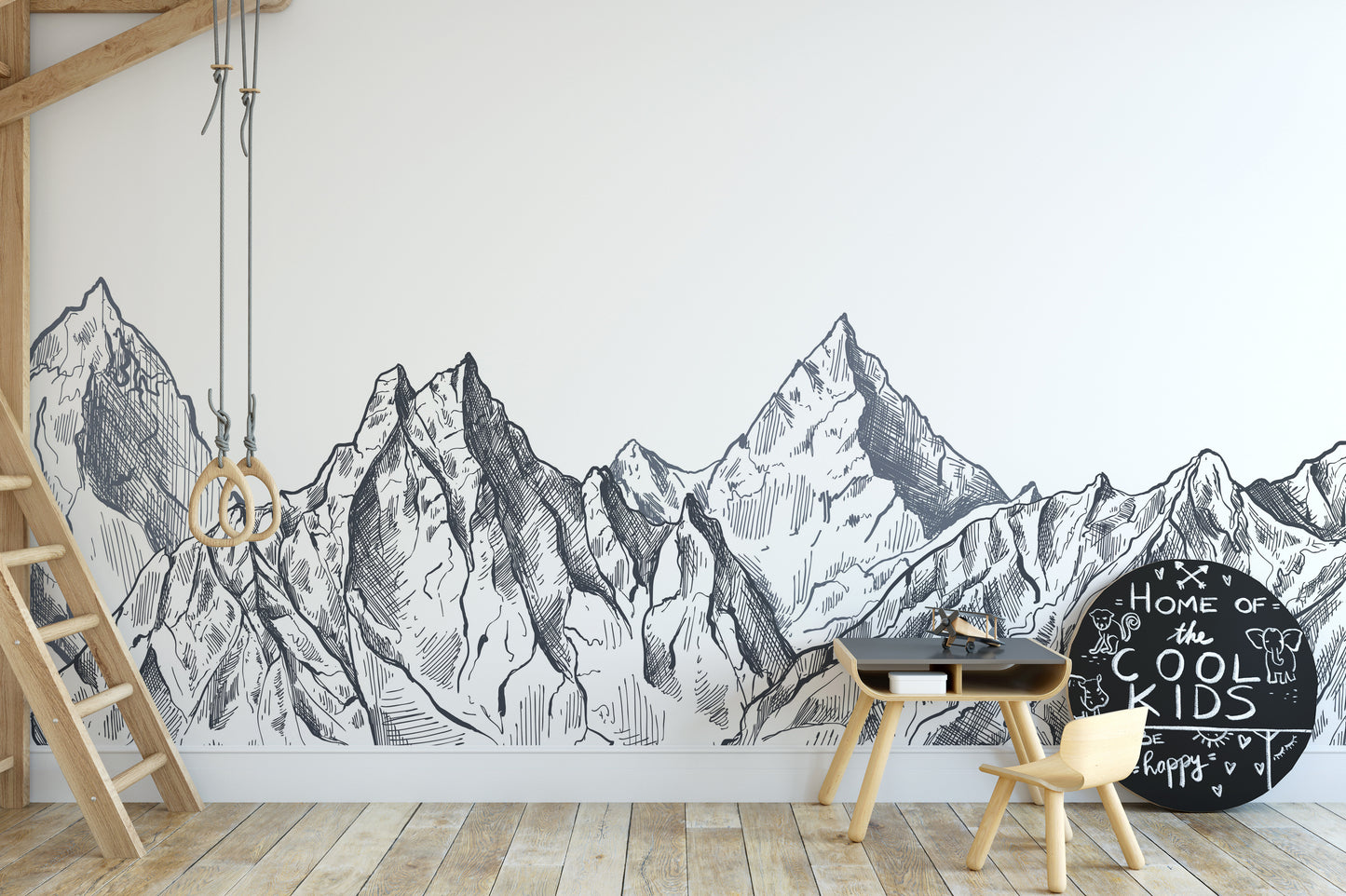 Artistic mystic mountain mural with intricate hand-drawn details.
