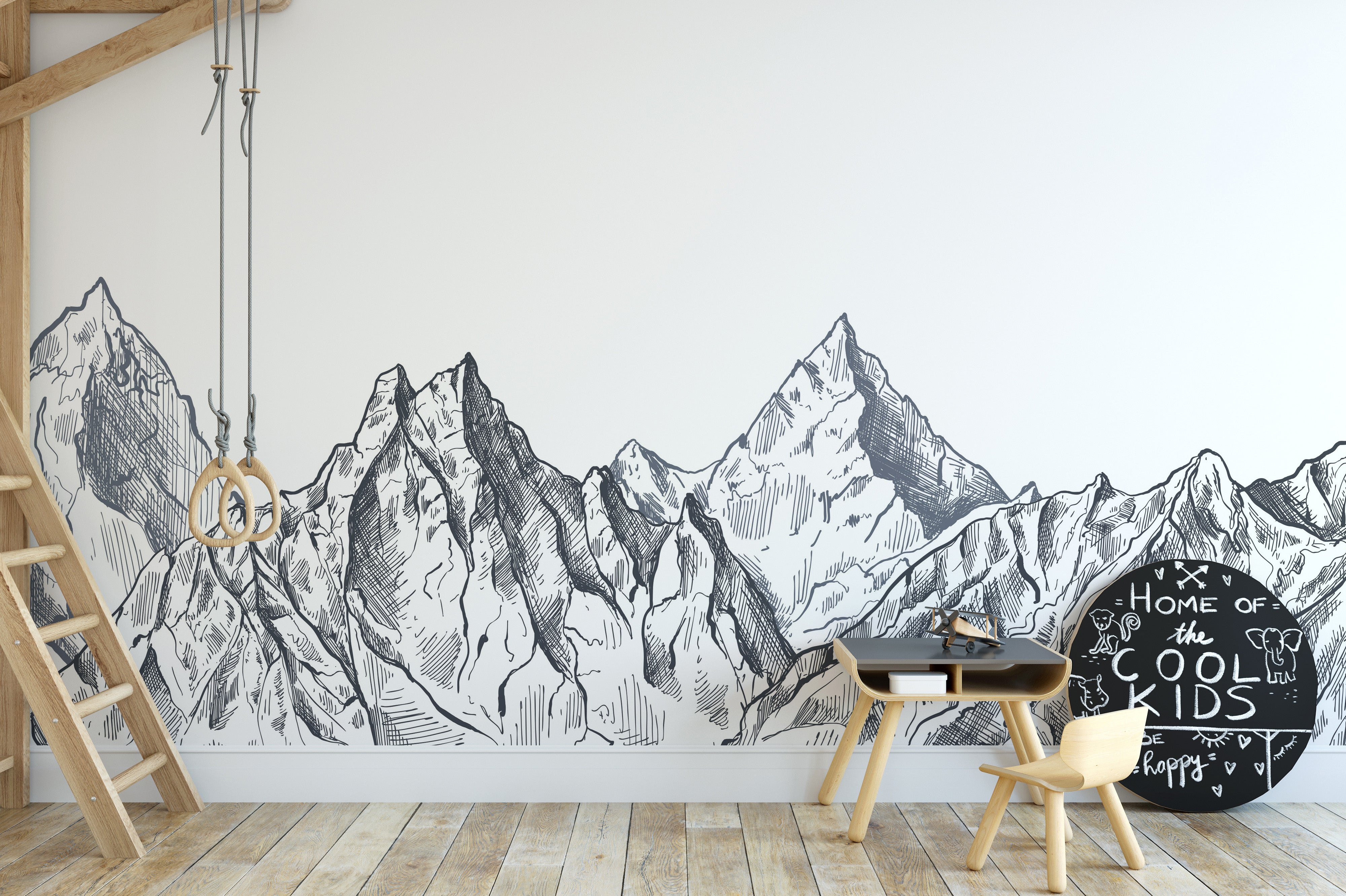 Artistic mystic mountain mural with intricate hand-drawn details.
