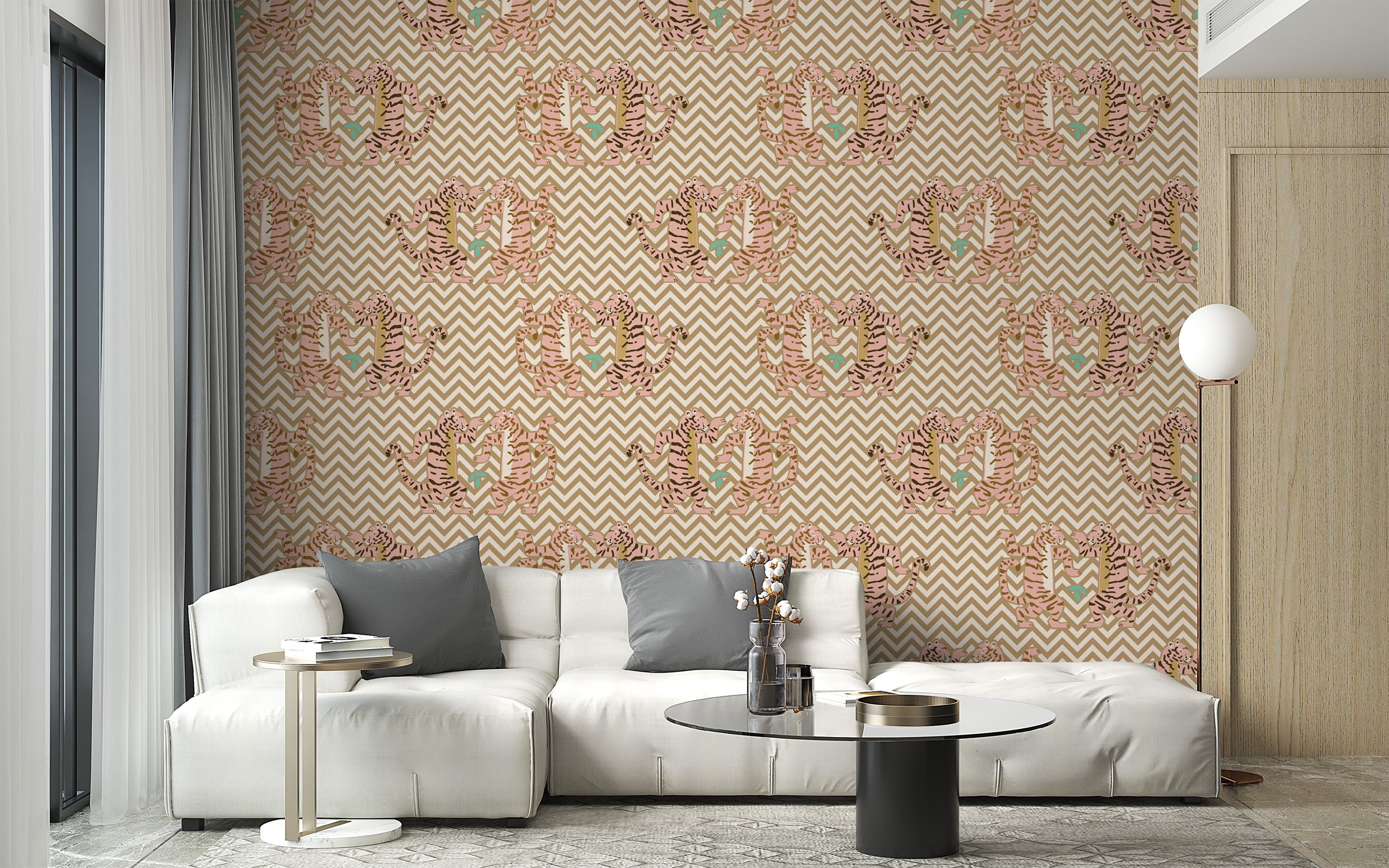 Tiger-themed zigzag wallpaper for modern interior decor
