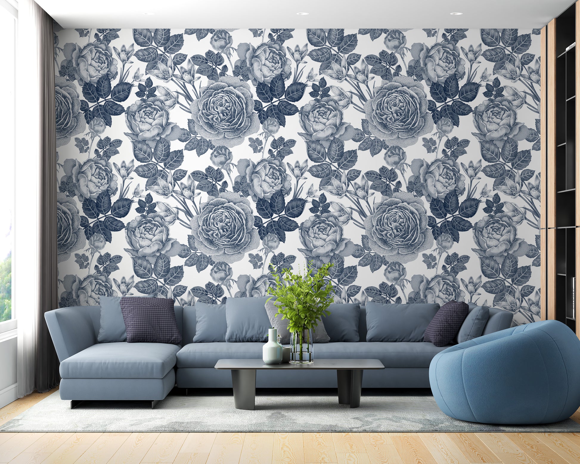 Blue flower and leaves wallpaper print
