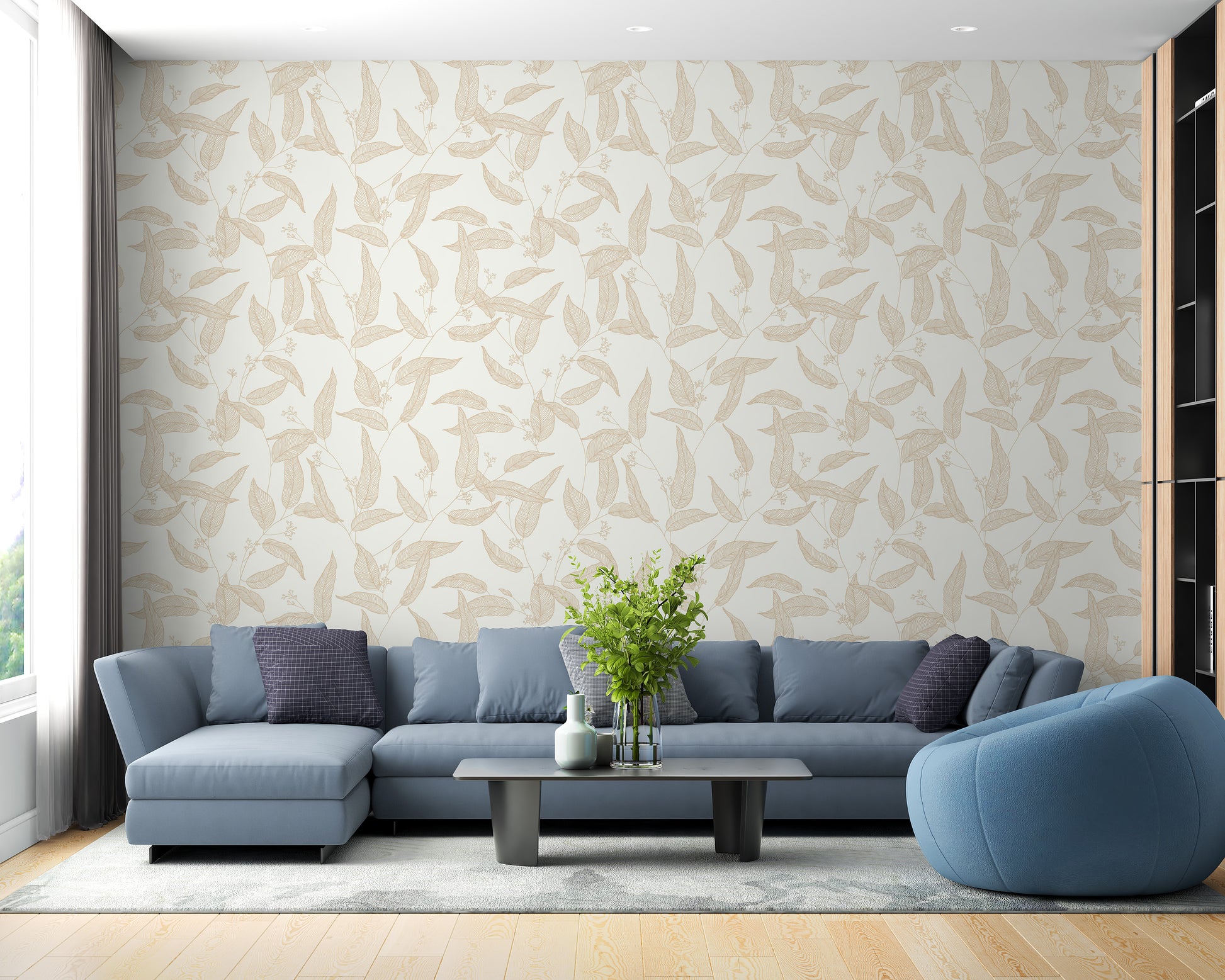 Pastel leaves and line art wallpaper print
