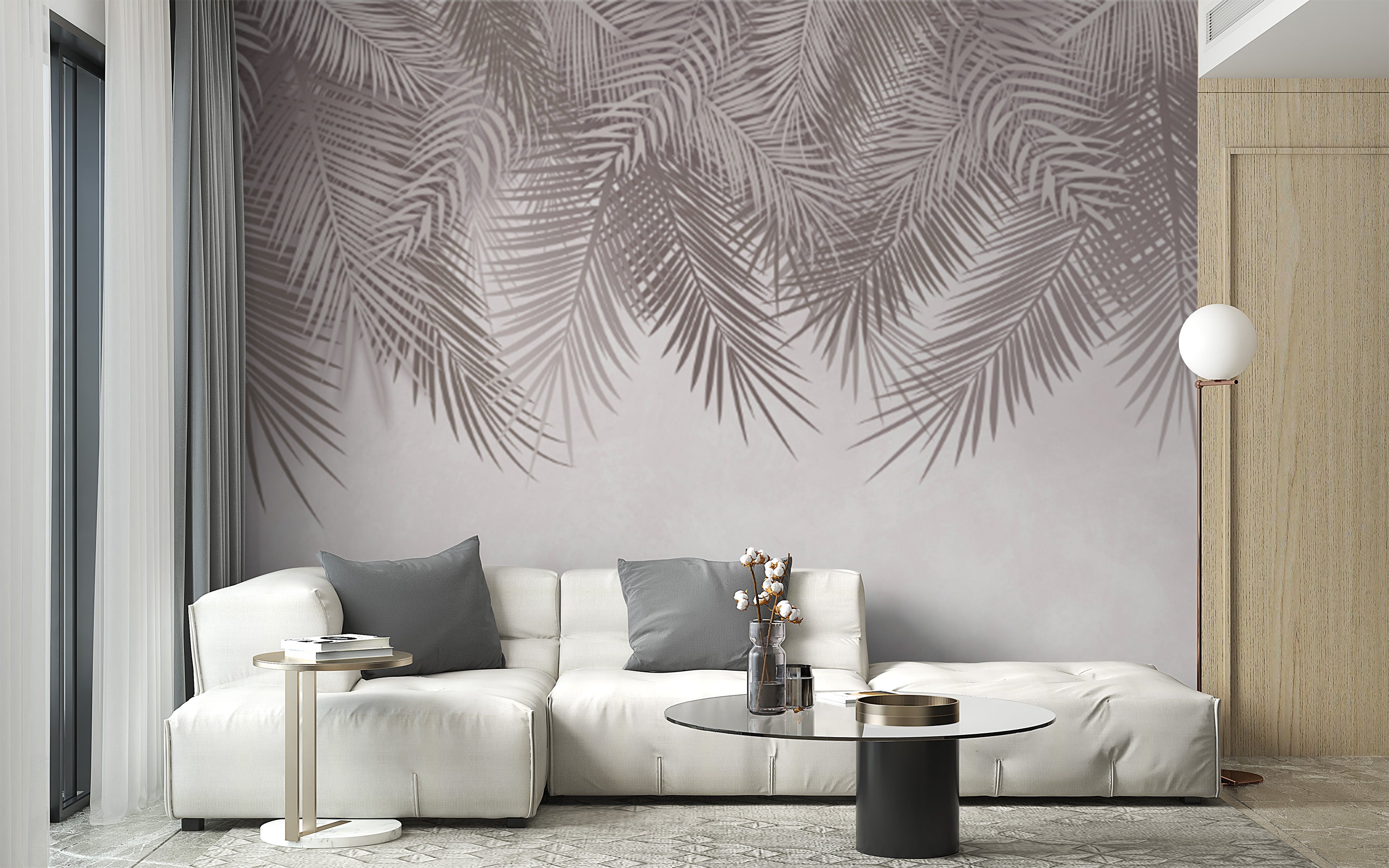 Elegant palm frond mural for serene and stylish interiors
