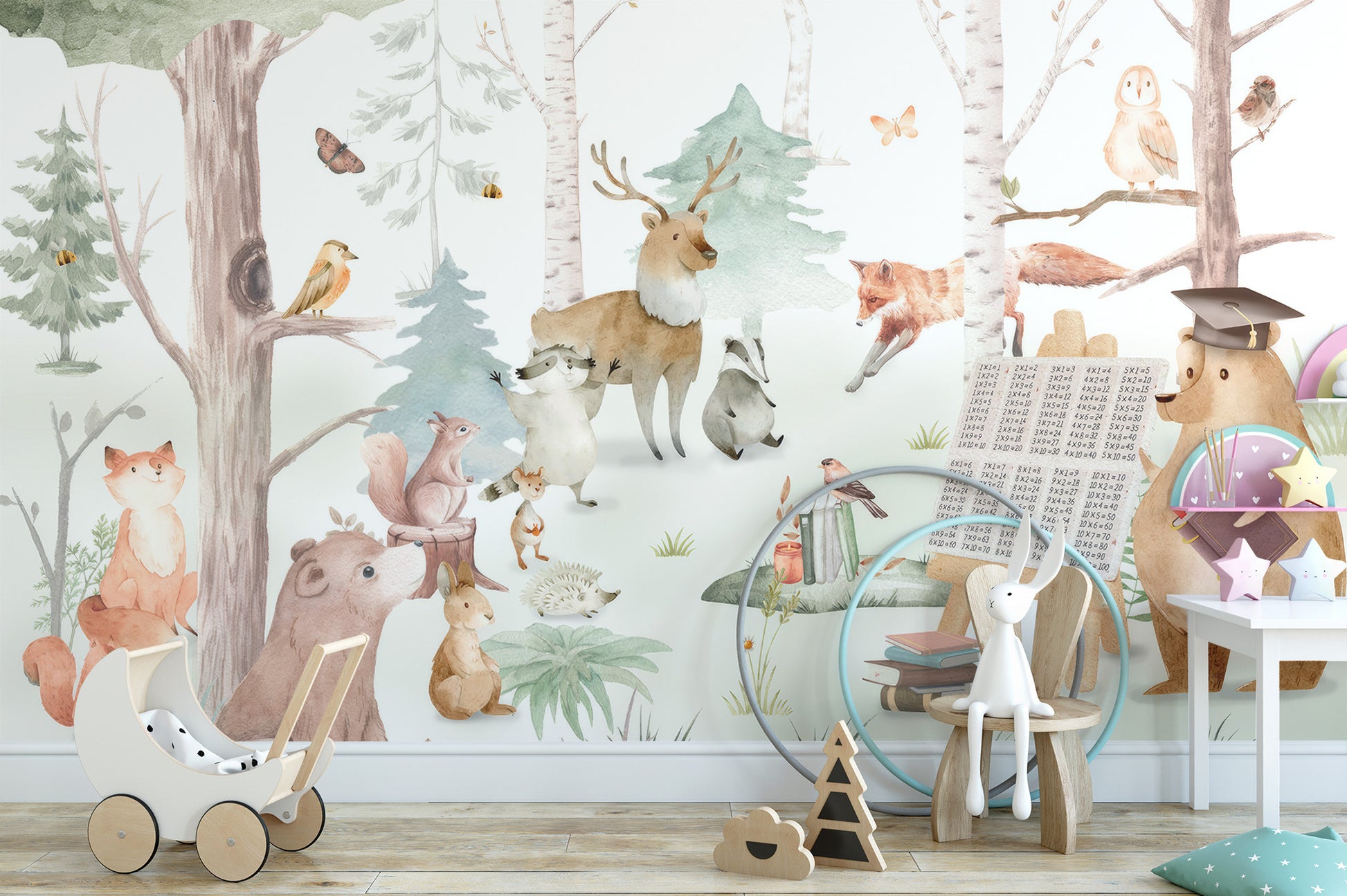 Vibrant critter mural for kids' spaces