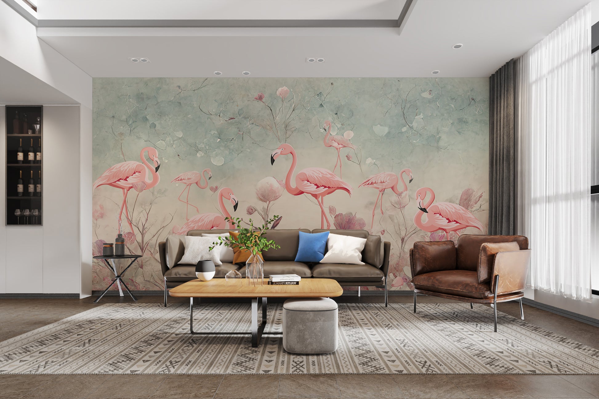 Serene flamingo grove mural perfect for nature-inspired interiors.
