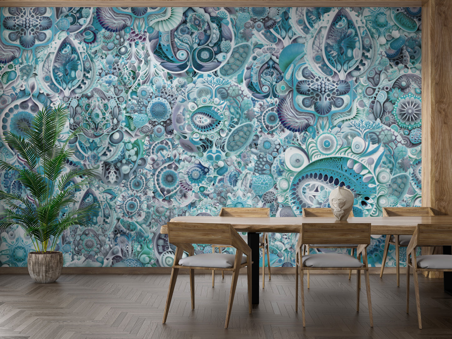 Create a unique ambiance with blue Haeckel-inspired abstract mural wallpaper.