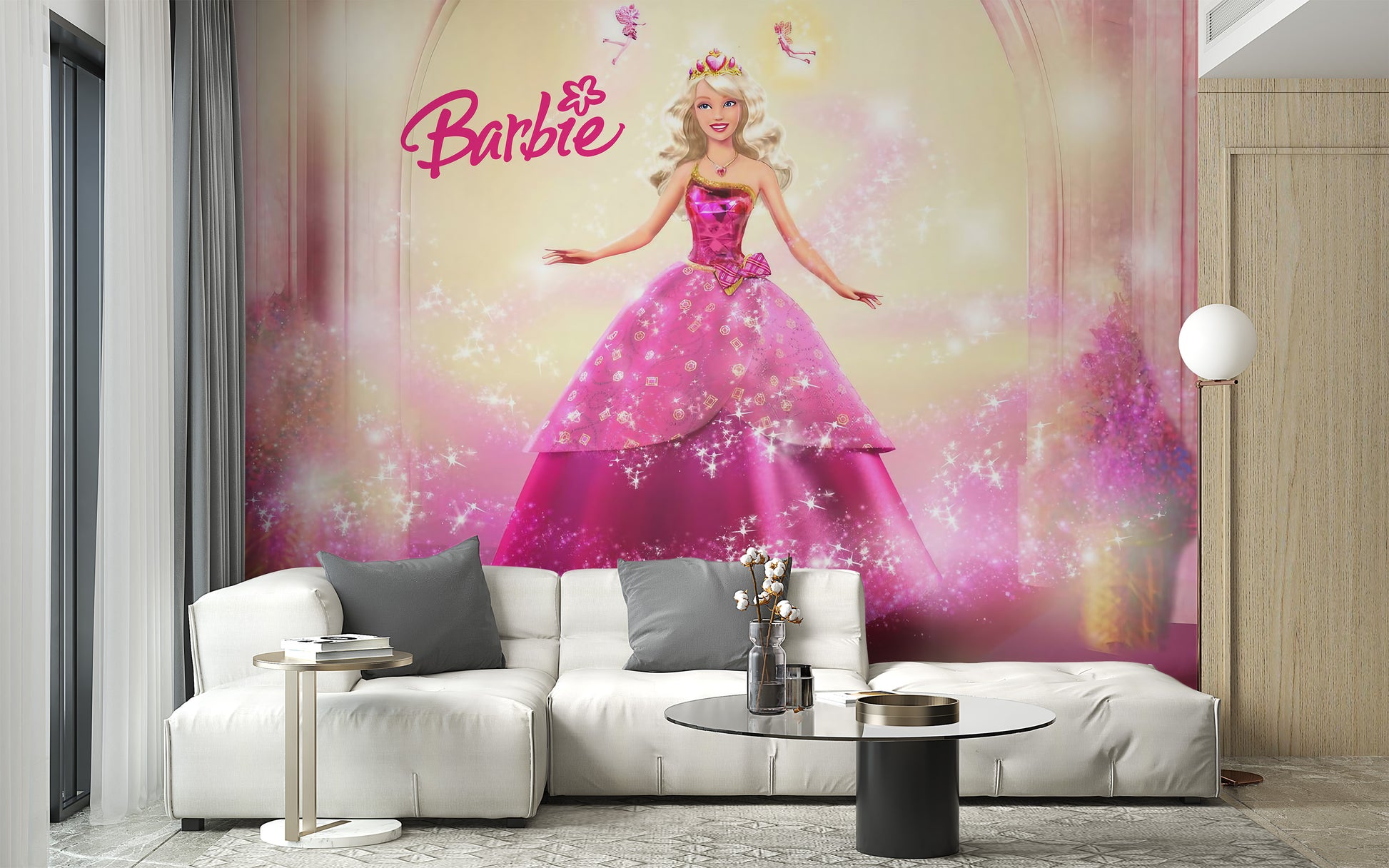 Barbie mural with a stunning pink dress for playful interiors
