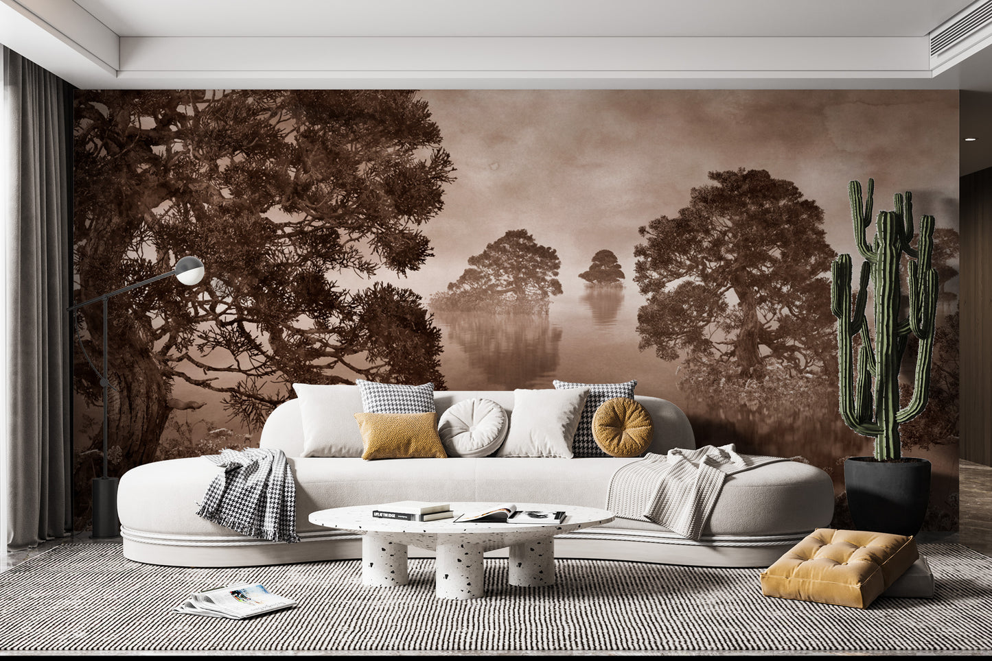 Add sophistication with watercolor lake sepia ink monochrome wallpaper.