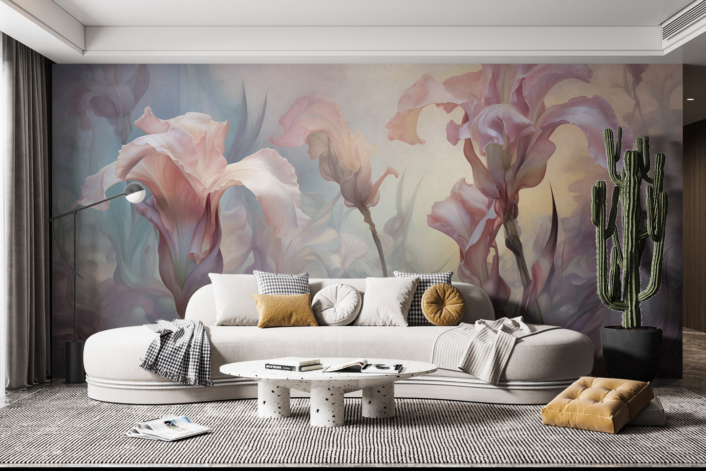 Add a touch of grace with iris pale pastel floral mural wallpaper.