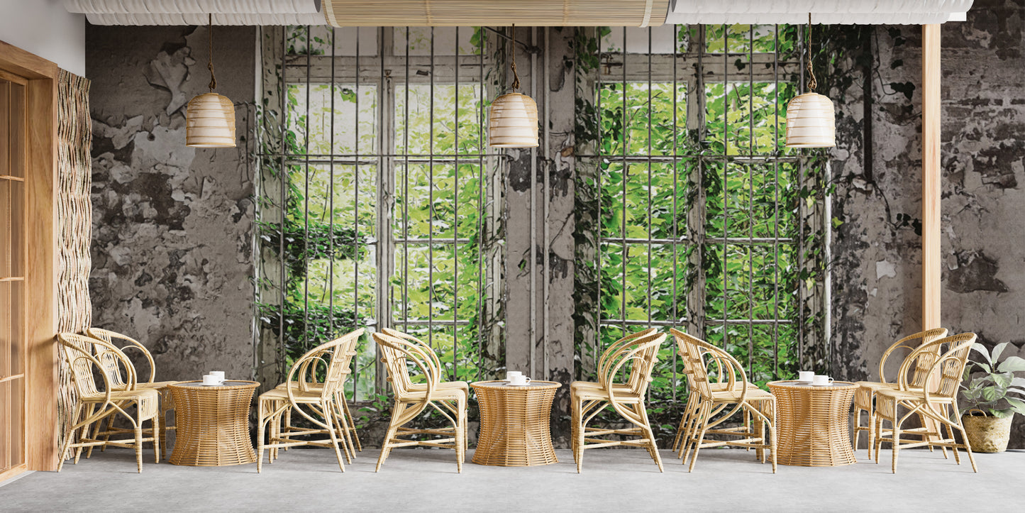 Overgrown vines on aged window mural for nature lovers
