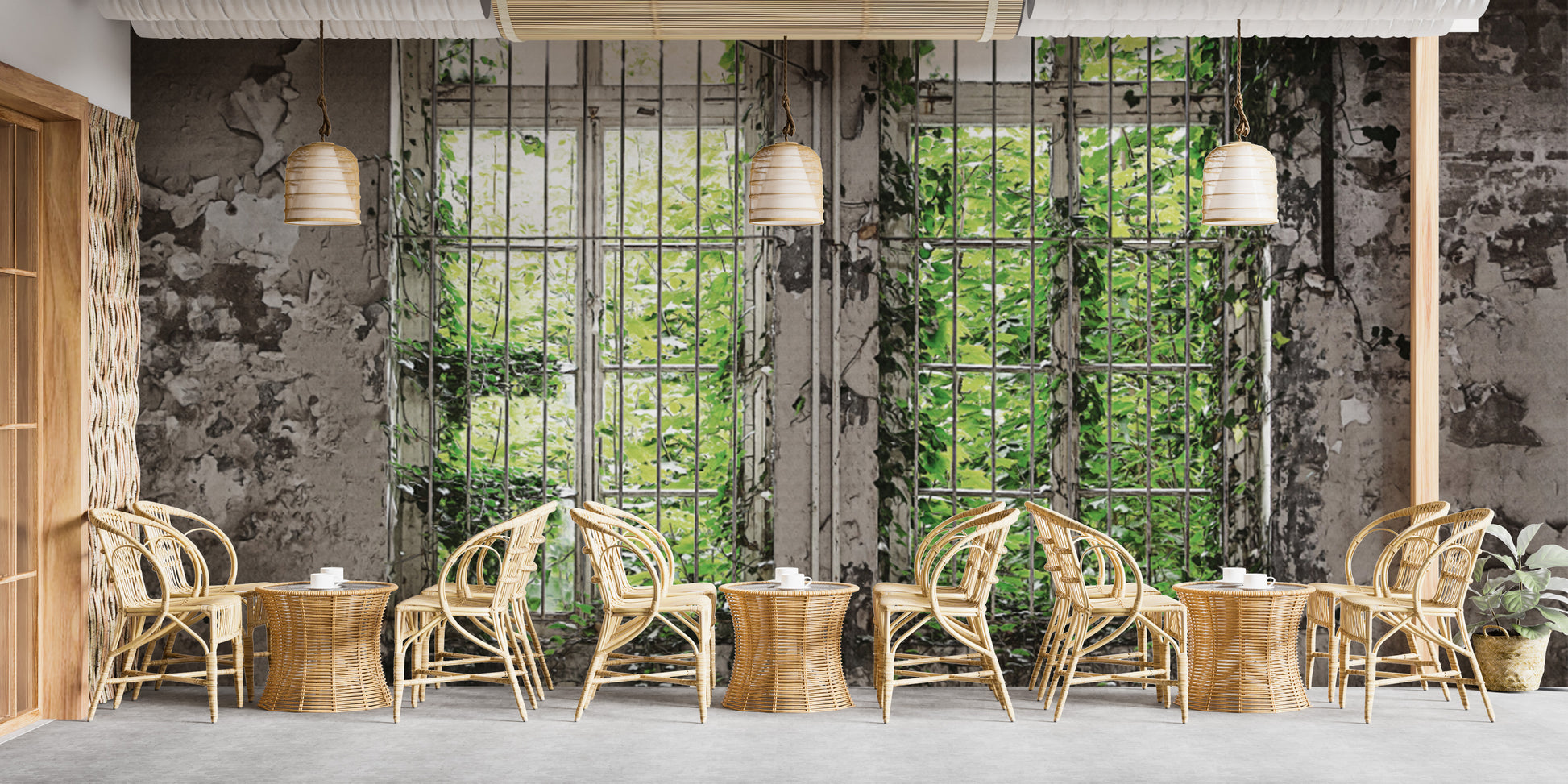 Overgrown vines on aged window mural for nature lovers
