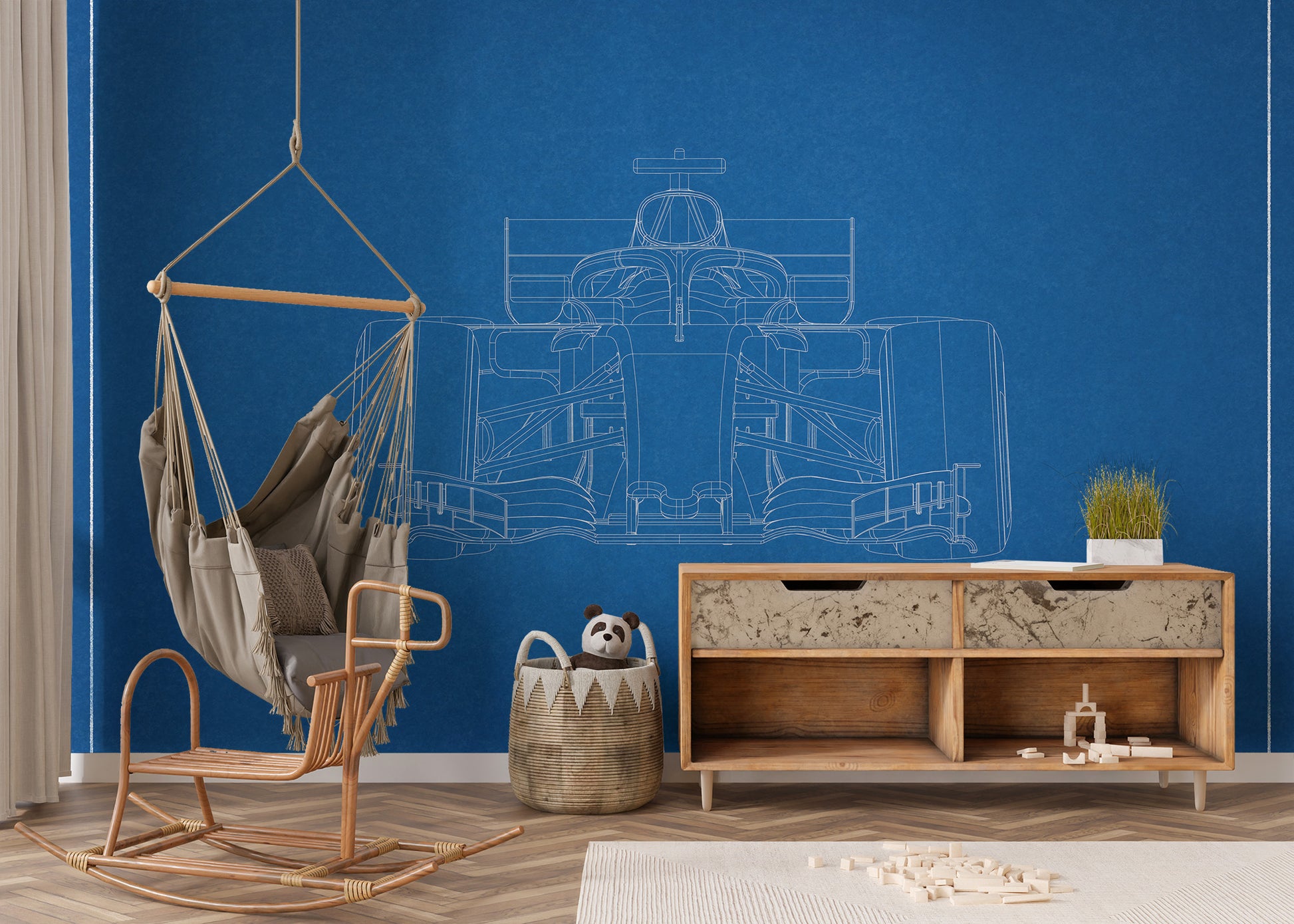 Formula One blueprint wallpaper mural design for kids
