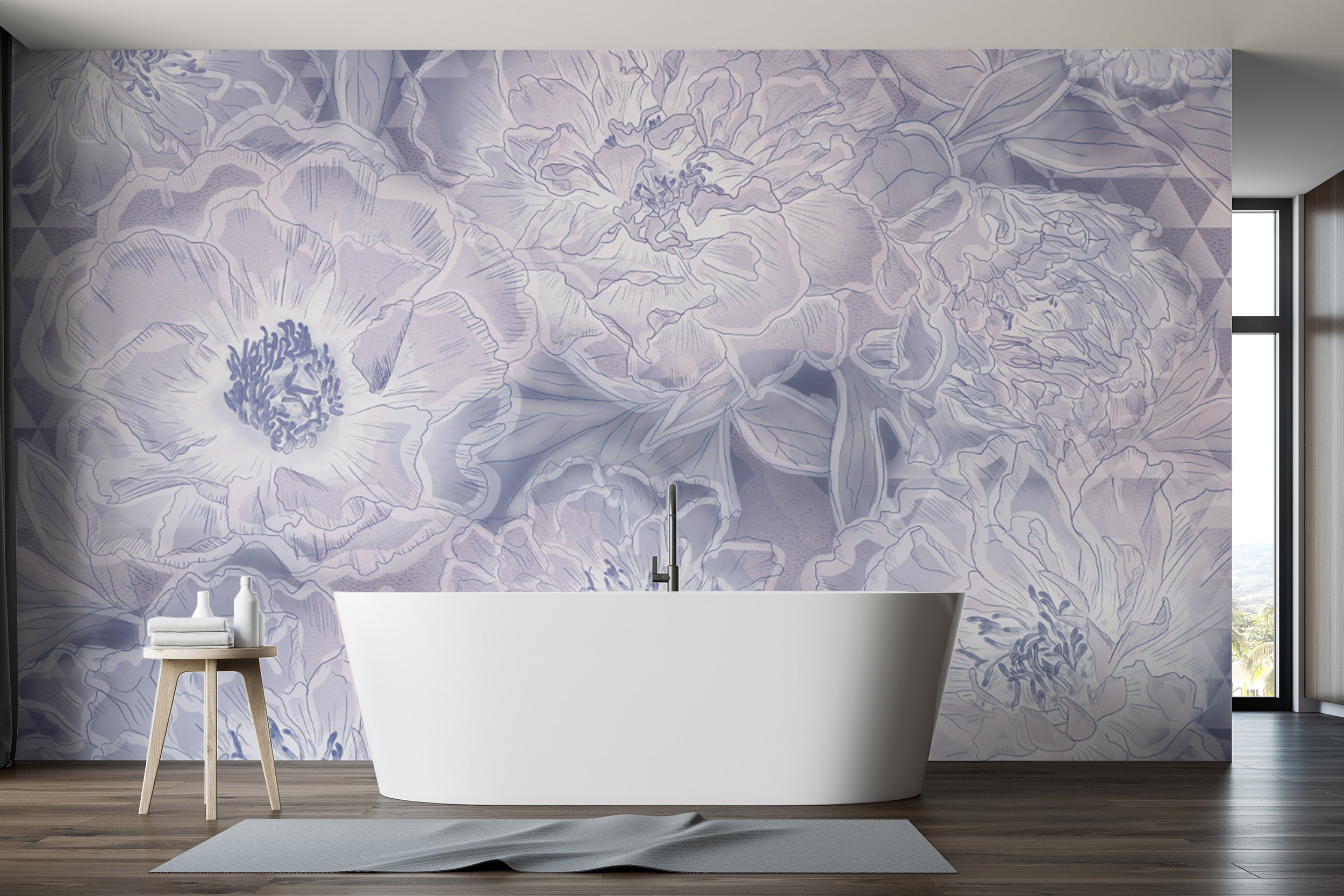 Artistic pastel lavender wallpaper with floral designs
