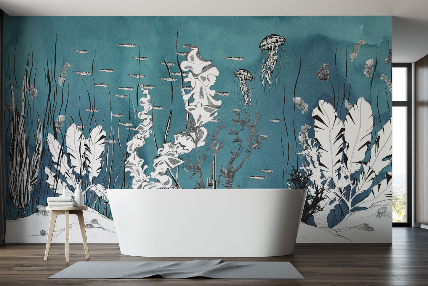 Serene aquatic theme wallpaper for living rooms




