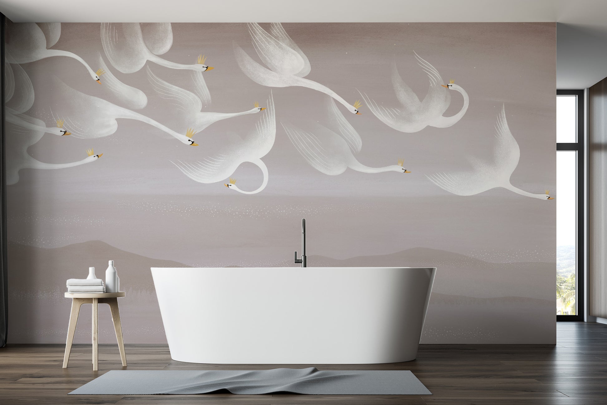 White swans in flight wallpaper mural for walls
