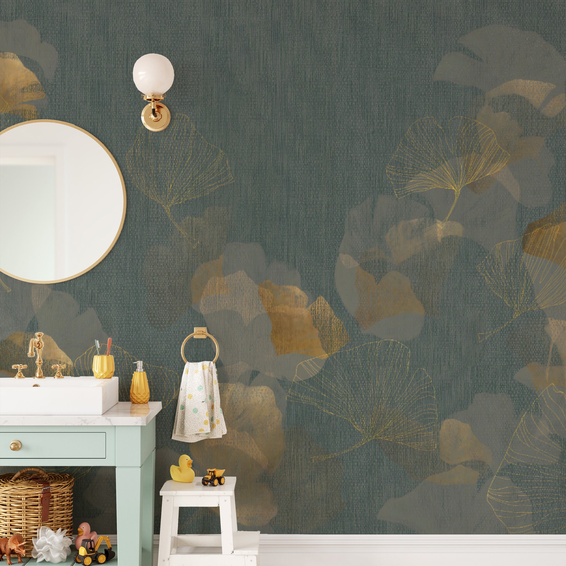 Bold green textured ginkgo wallpaper with botanical patterns
