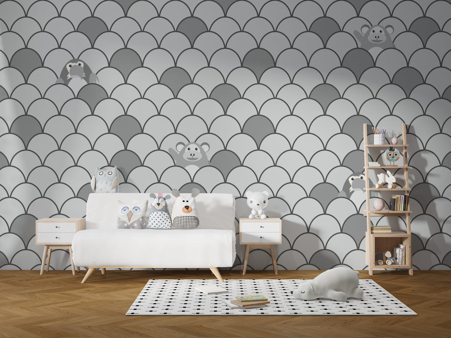 Grey Color Kids Animated Motifs Wallpaper Mural