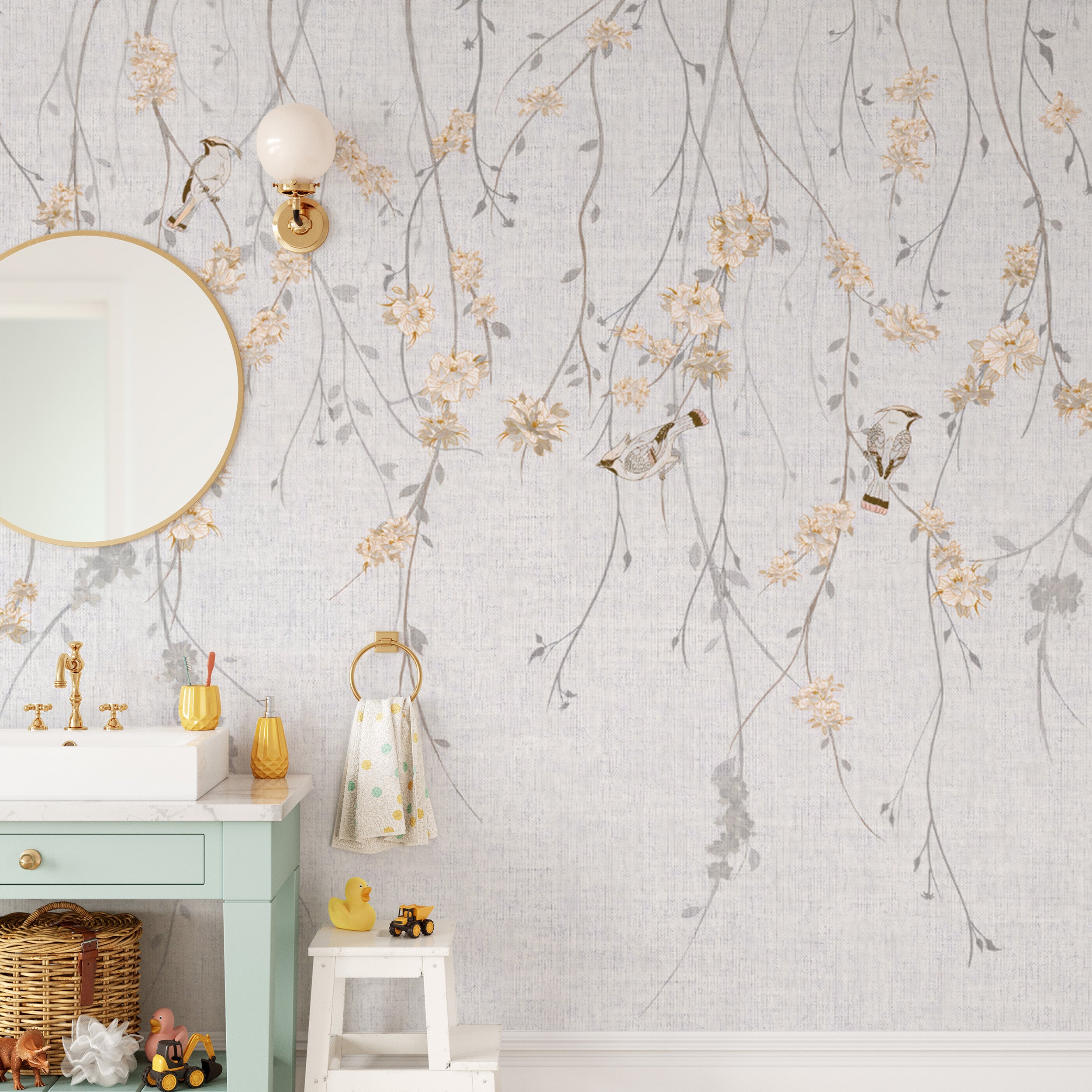 Graceful avian elegance mural with leafy branch motifs.