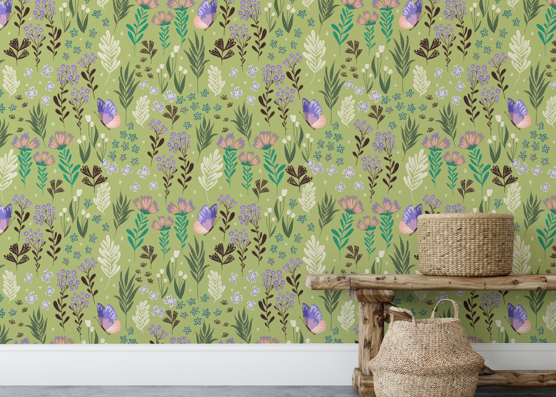 Beautiful butterfly meadow wallpaper with lush green tones.
