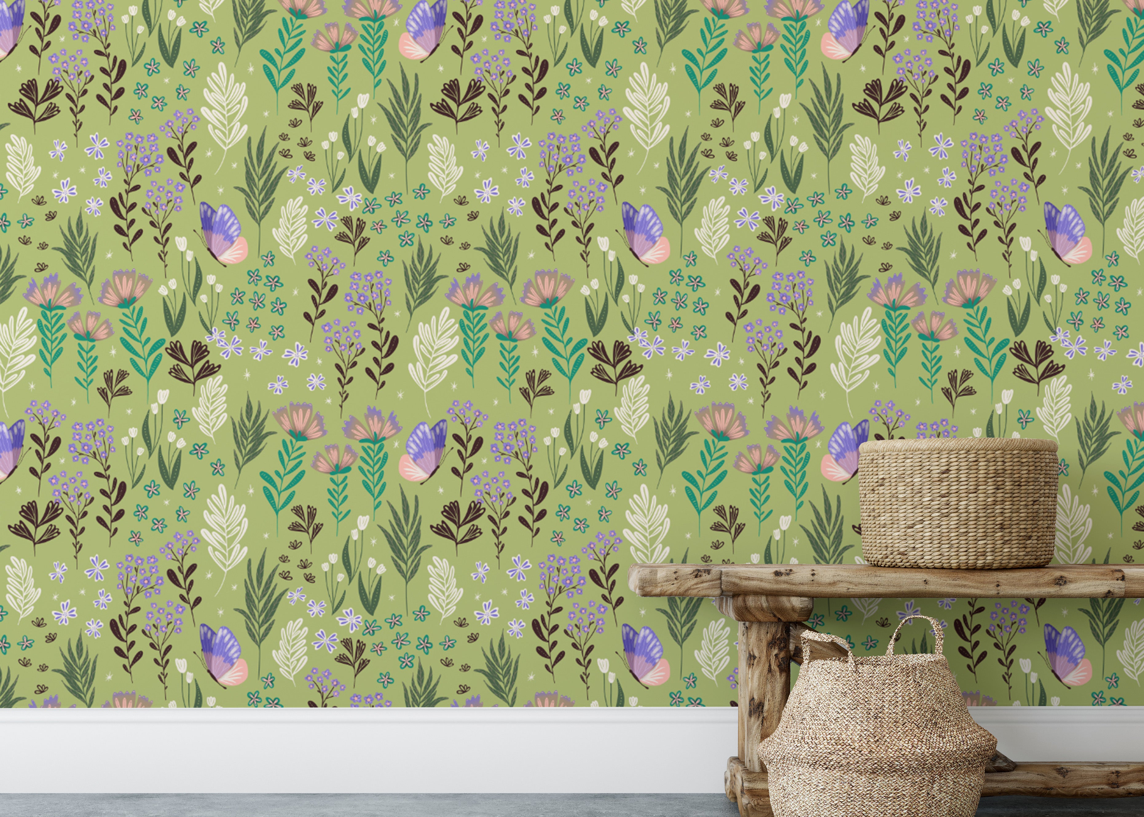 Beautiful butterfly meadow wallpaper with lush green tones.
