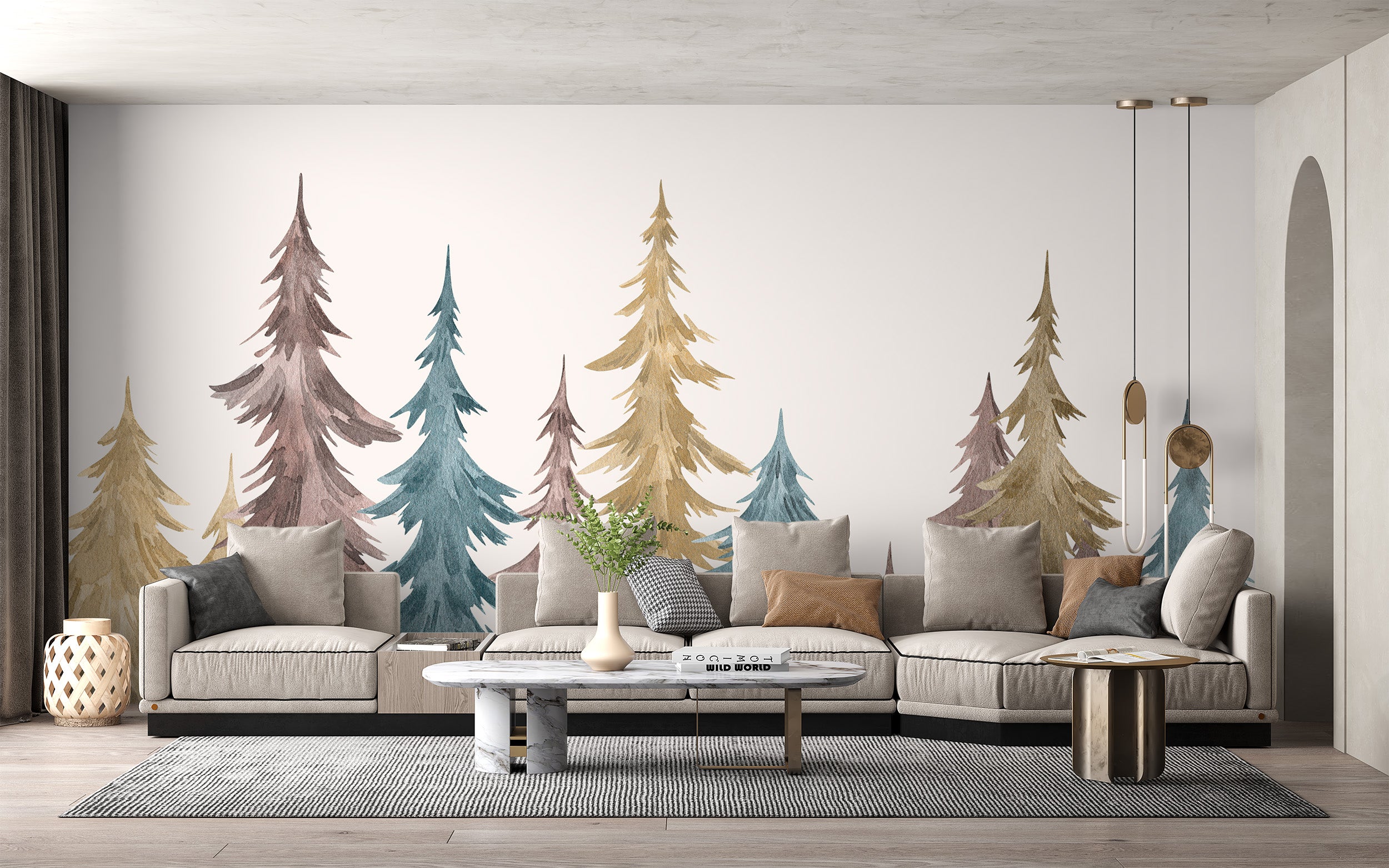 Stunning alpine wall mural with lush evergreen details.
