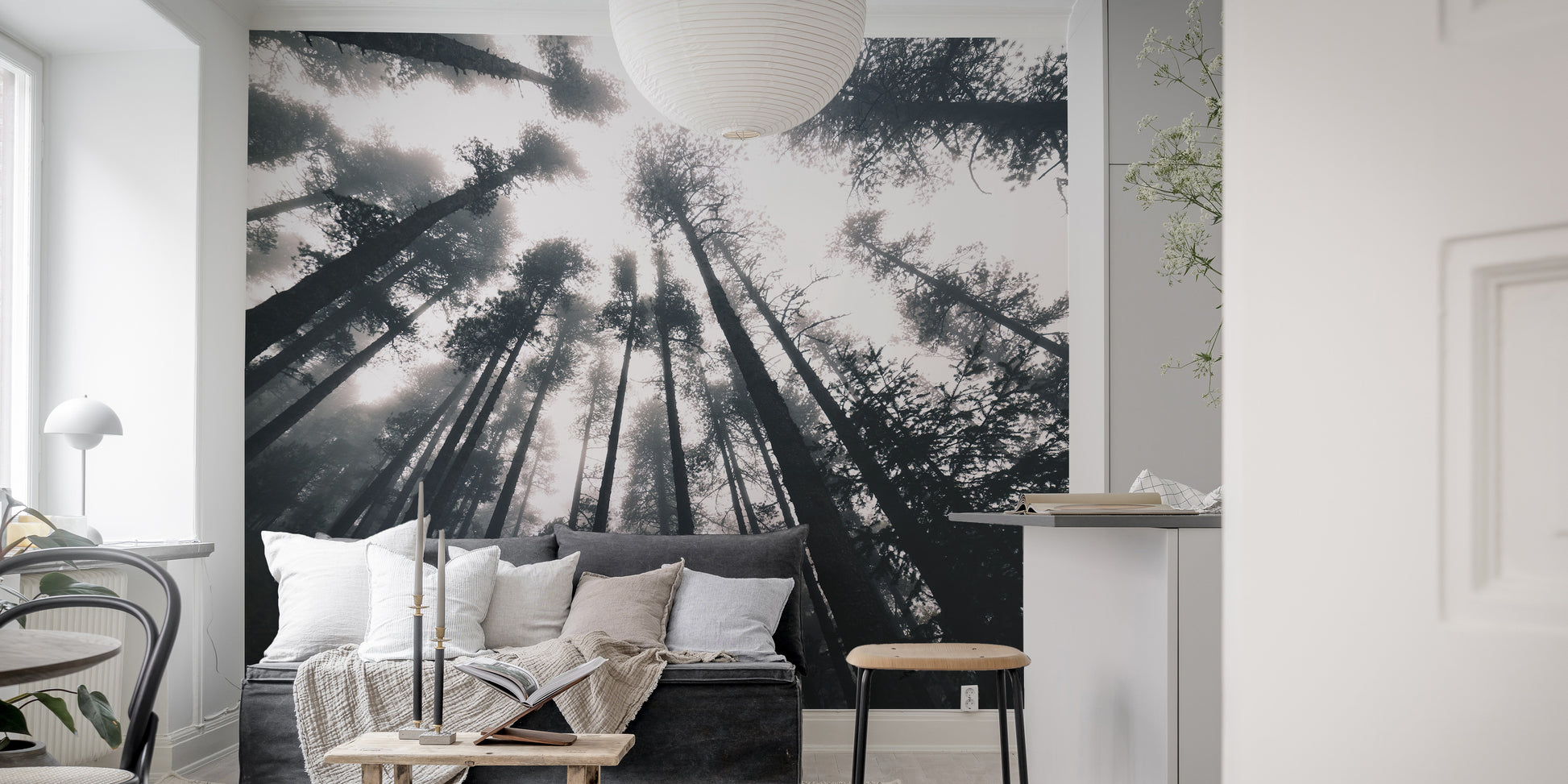 Atmospheric treetop wallpaper mural for Halloween-themed spaces.
