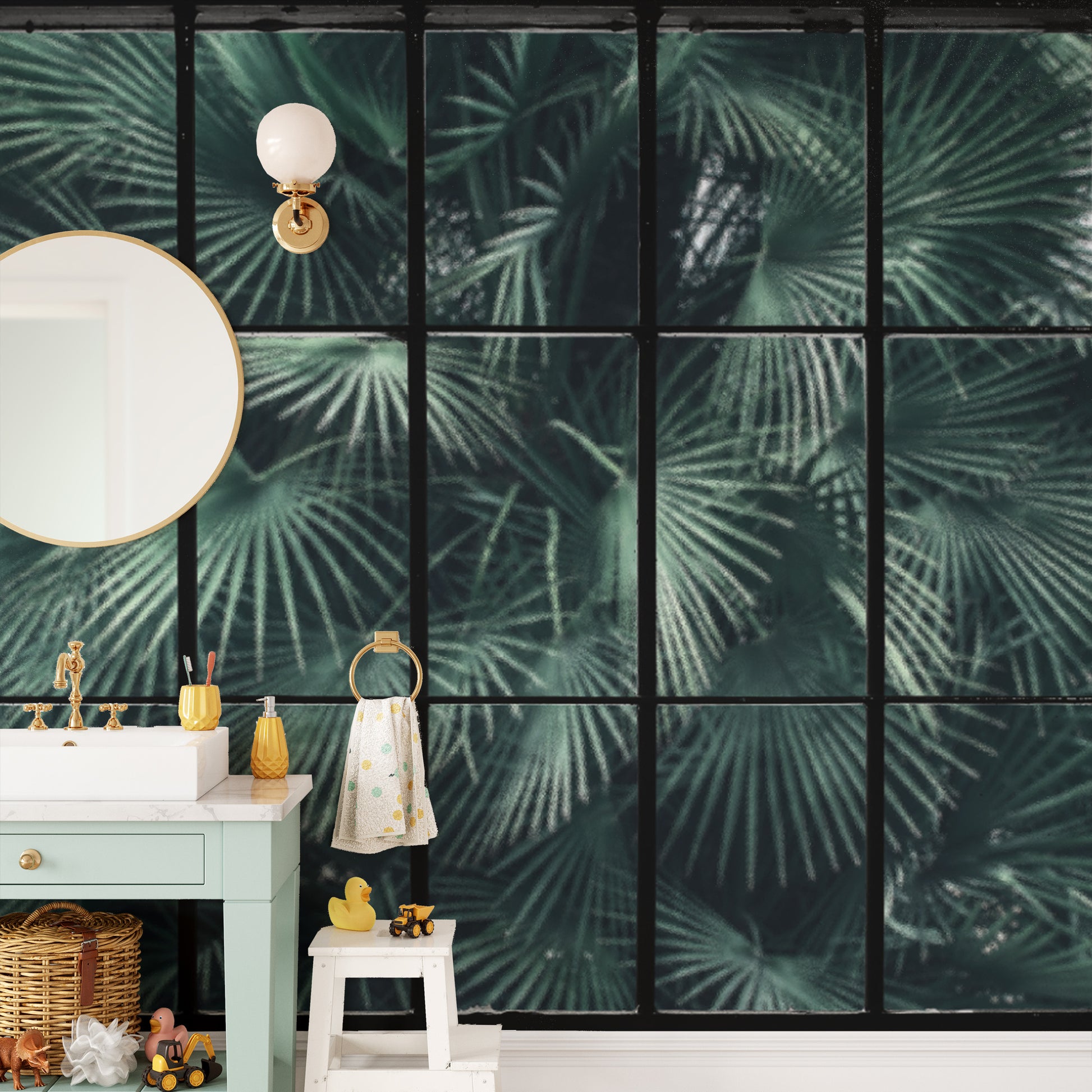 Dark green tropical mural with lush palm leaves
