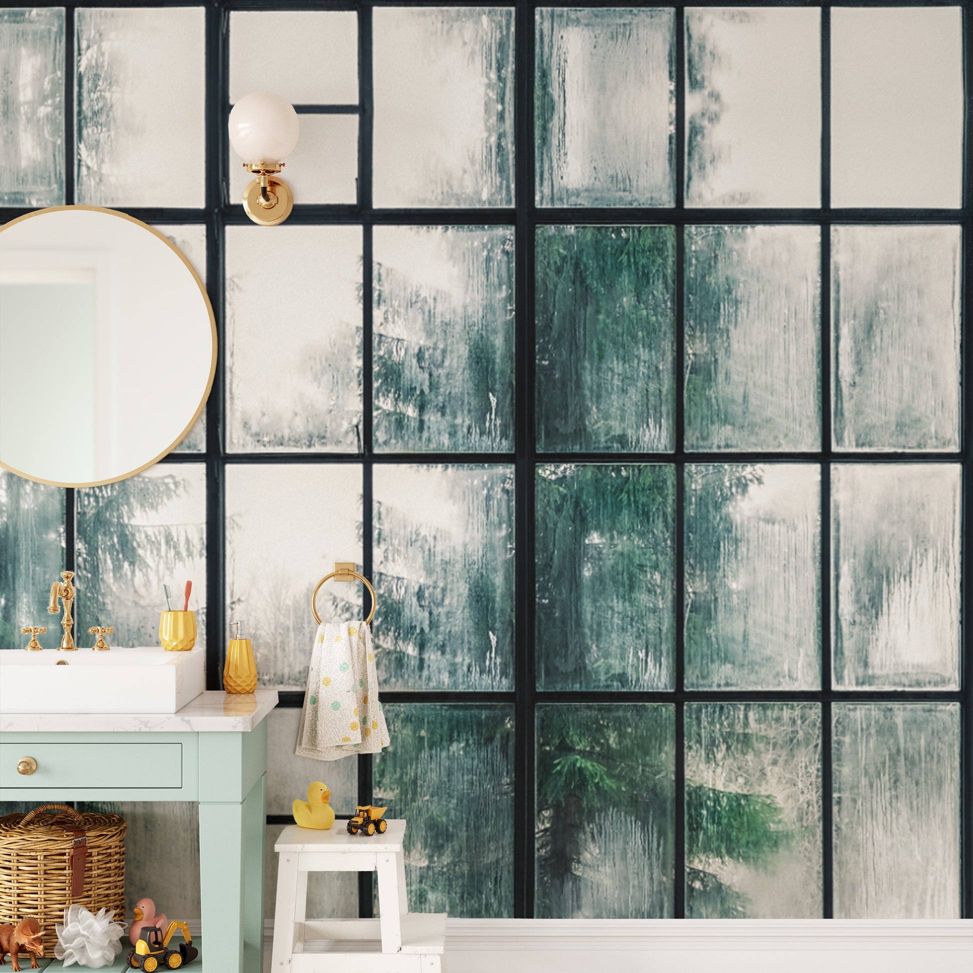 Industrial decor with fogged window pane effect
