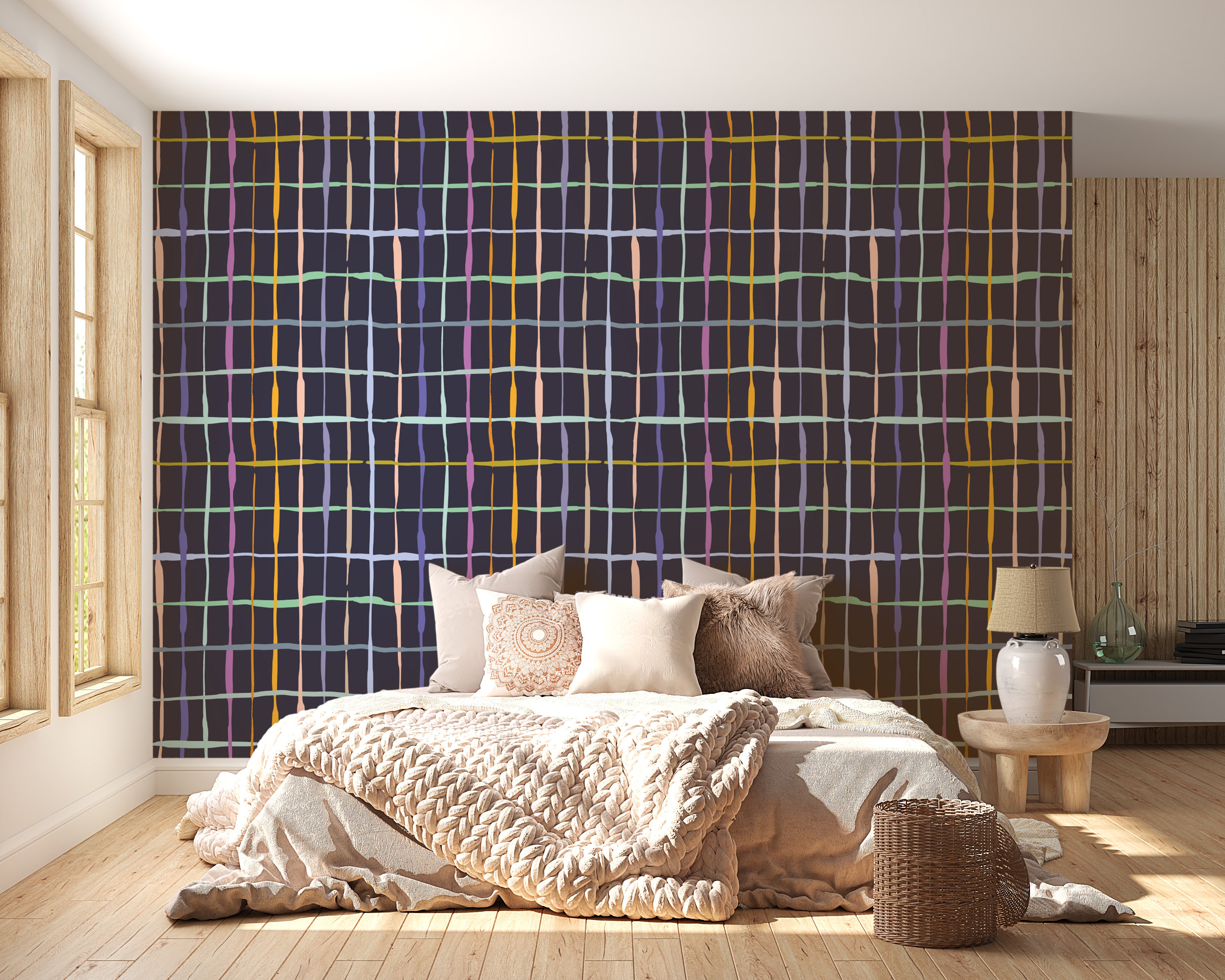 Colourful wallpaper featuring bold, artistic line details
