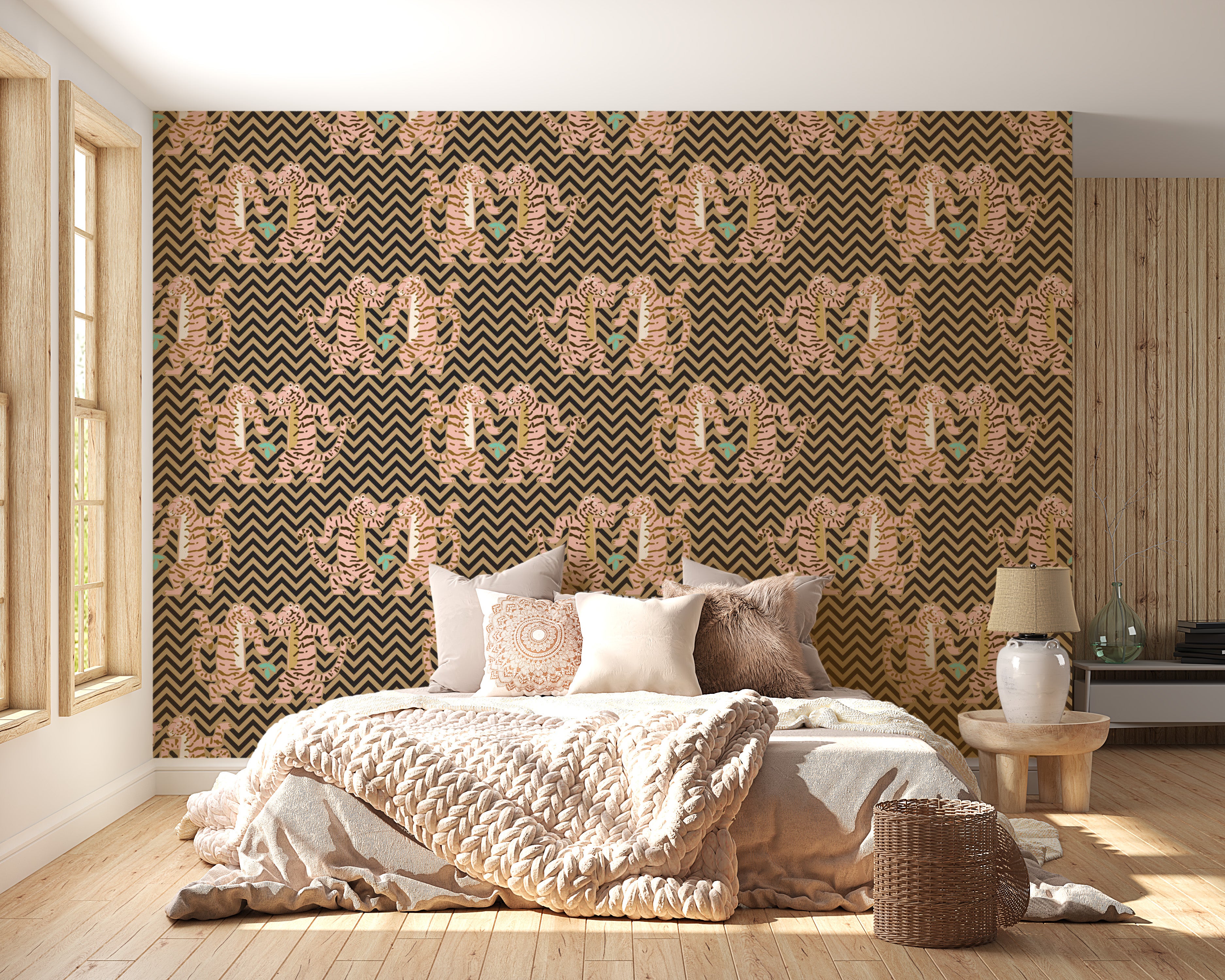 Dark sand zigzag wallpaper featuring tiger elements