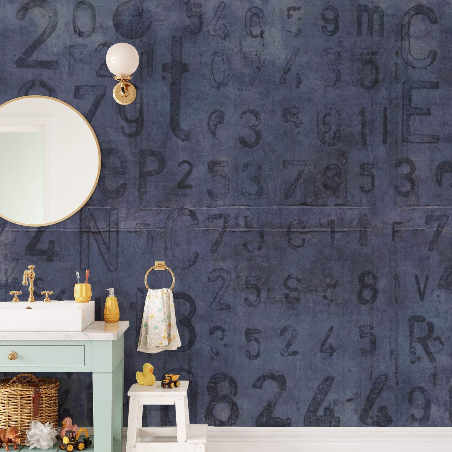 Vintage stencil number wall mural with grunge texture
