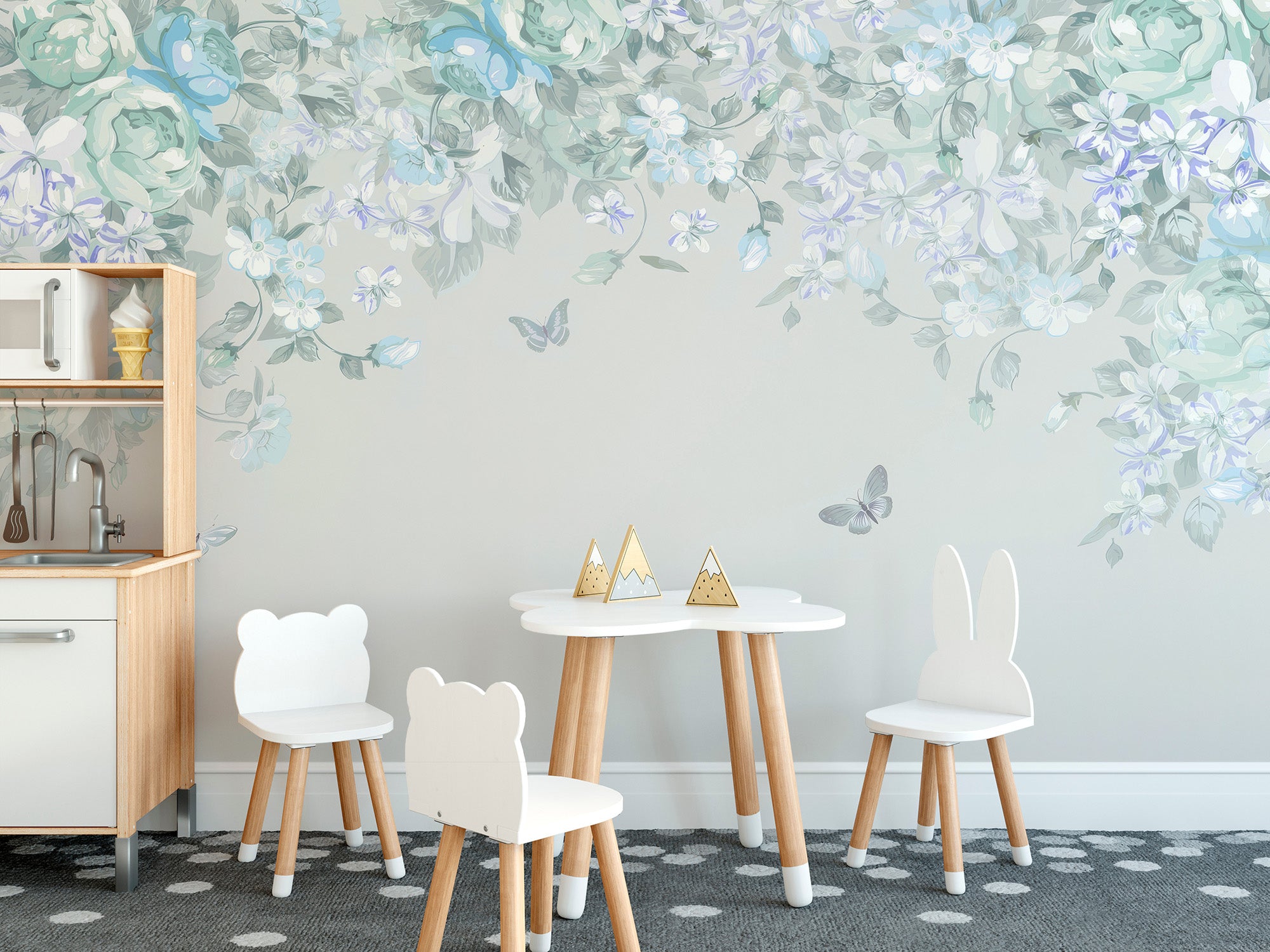 Blue flower and butterfly wall mural
