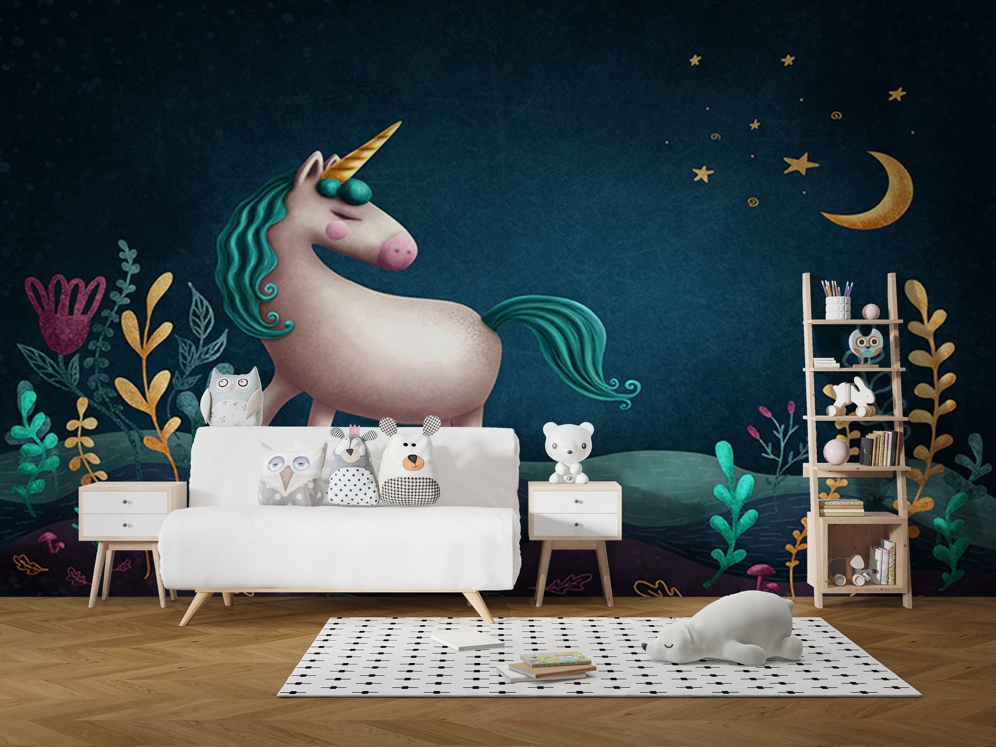 Blue & Green Night Unicorn Kids Nursery Wallpaper Mural
