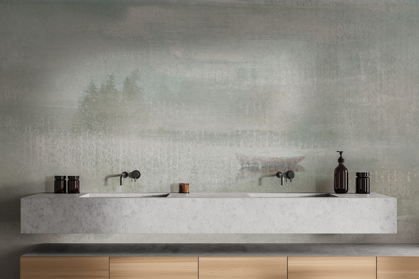 Misty lake wallpaper featuring ethereal forest and soft tones
