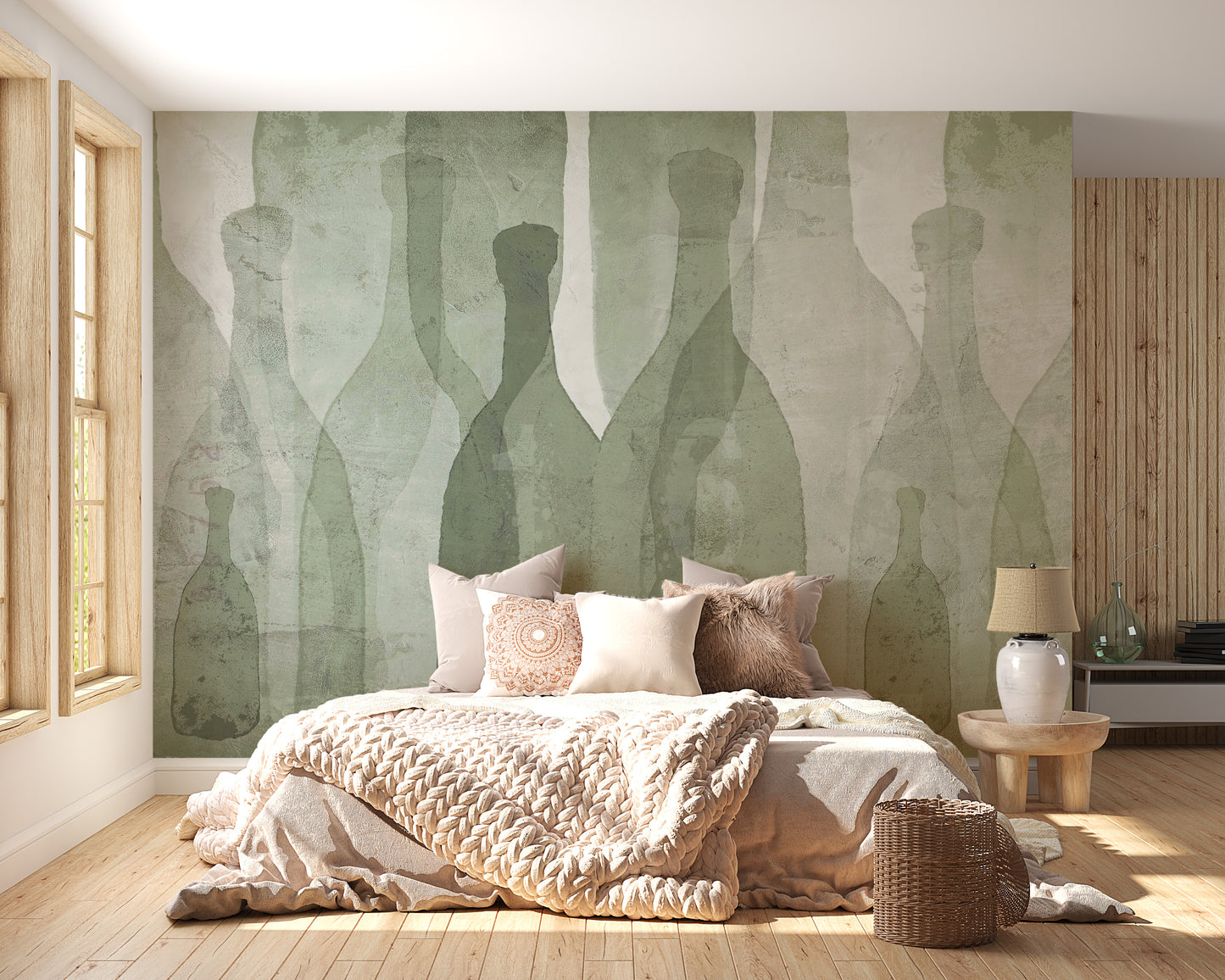 Artistic wallpaper featuring bottles in soft watercolor hues
