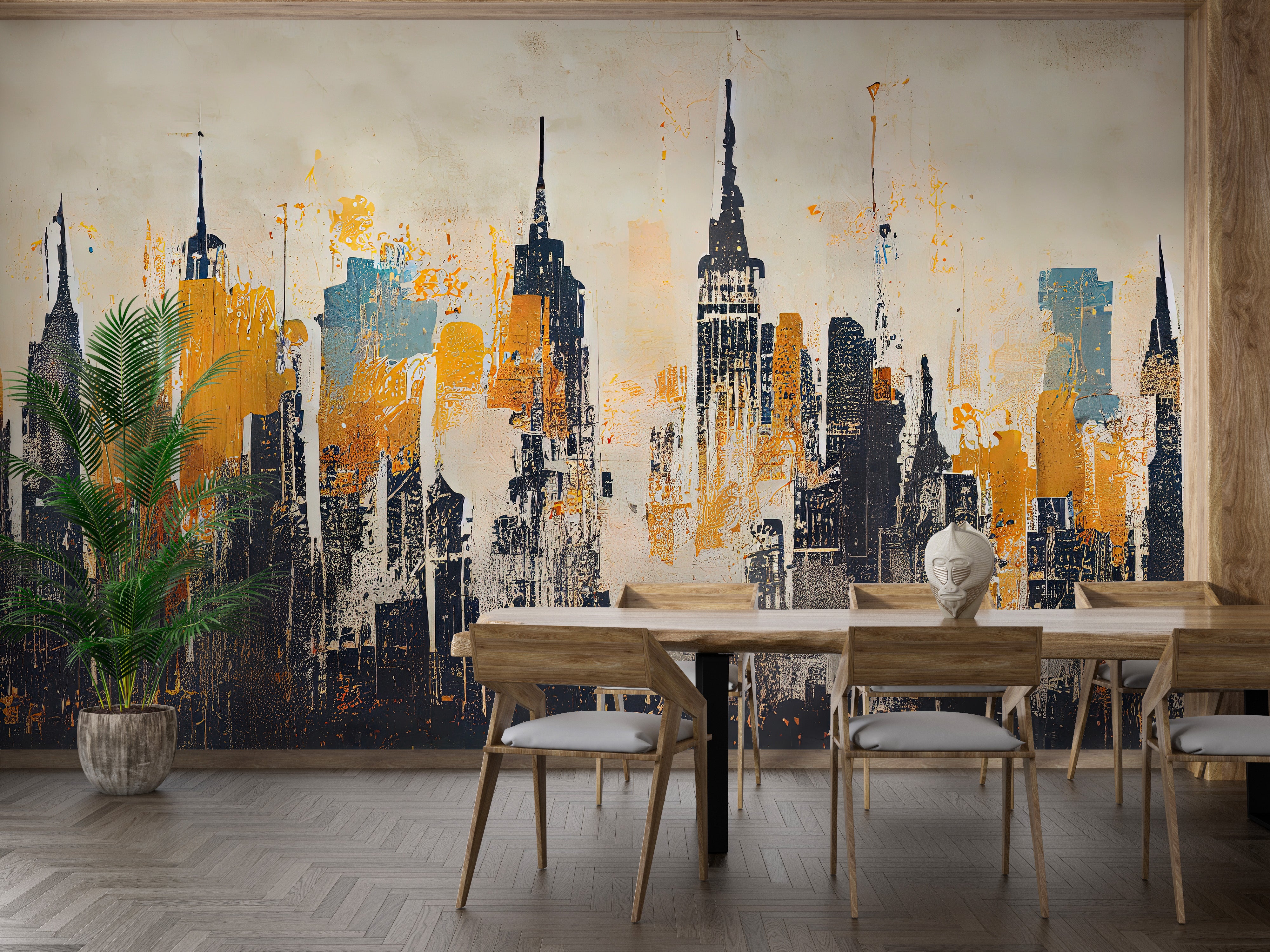 Contemporary urban skyline wallpaper for living spaces.