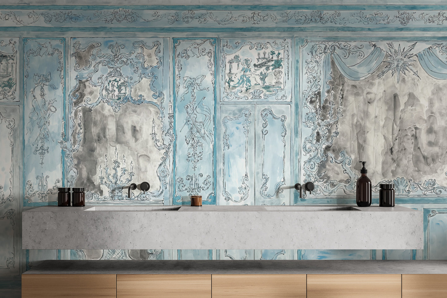 Distressed blue Rococo wallpaper with intricate designs
