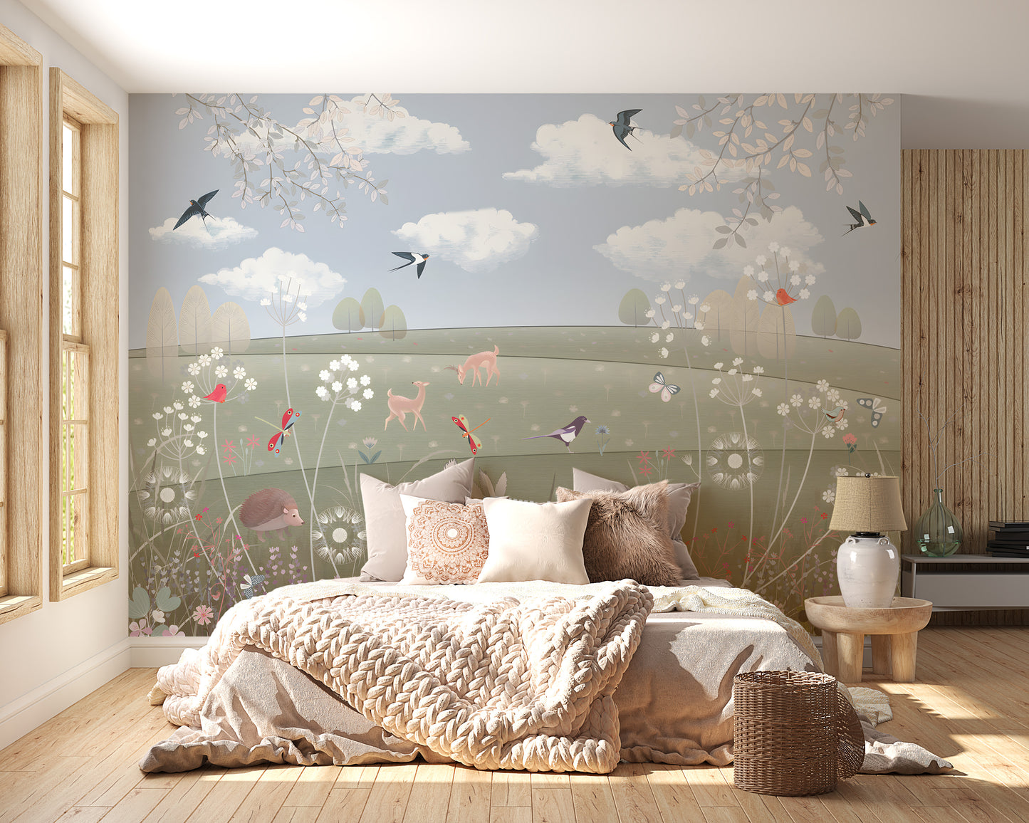 Lush garden watercolor mural depicting a magical countryside canopy
