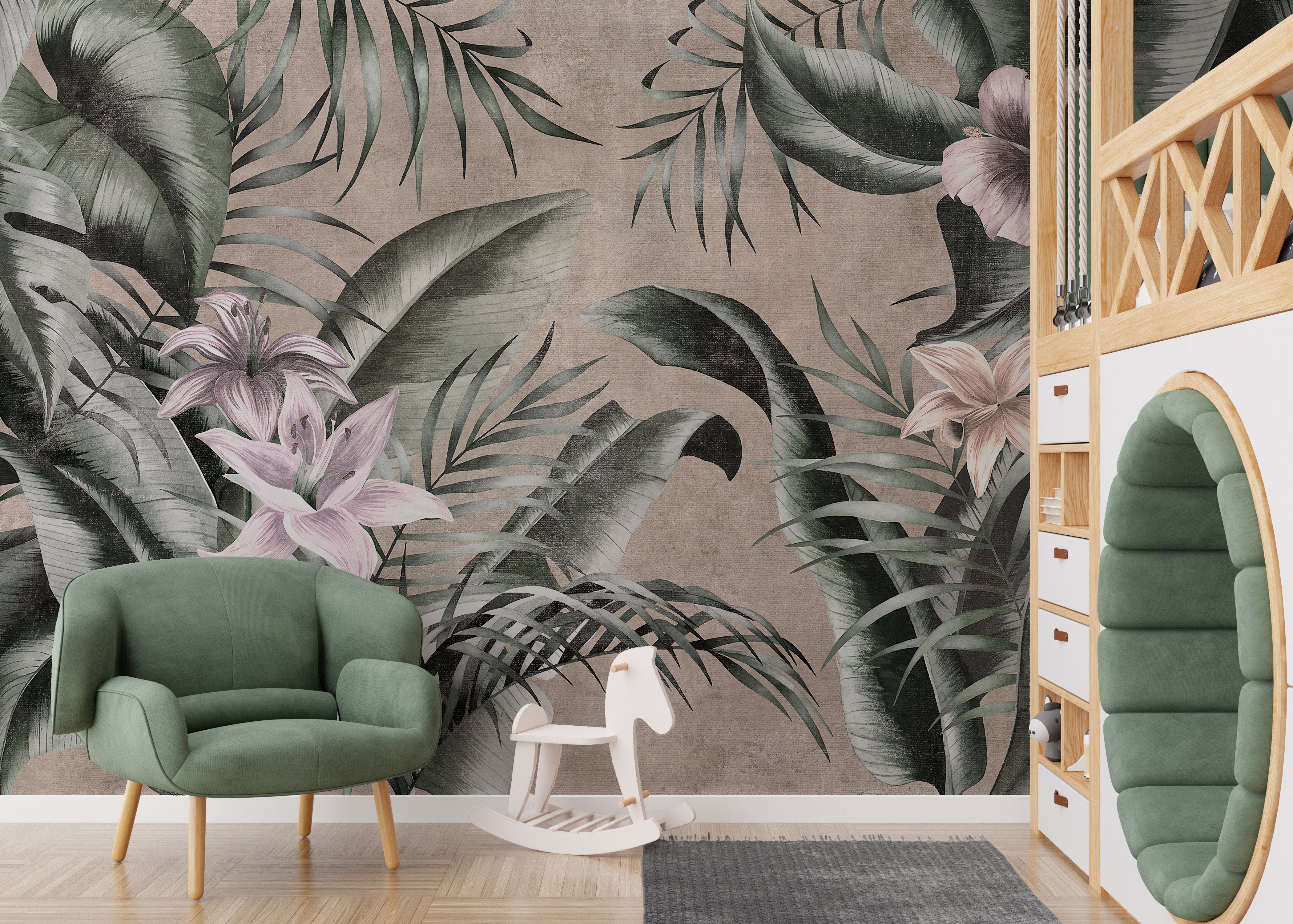 Stylish gray floral mural with vibrant green leaves design.
